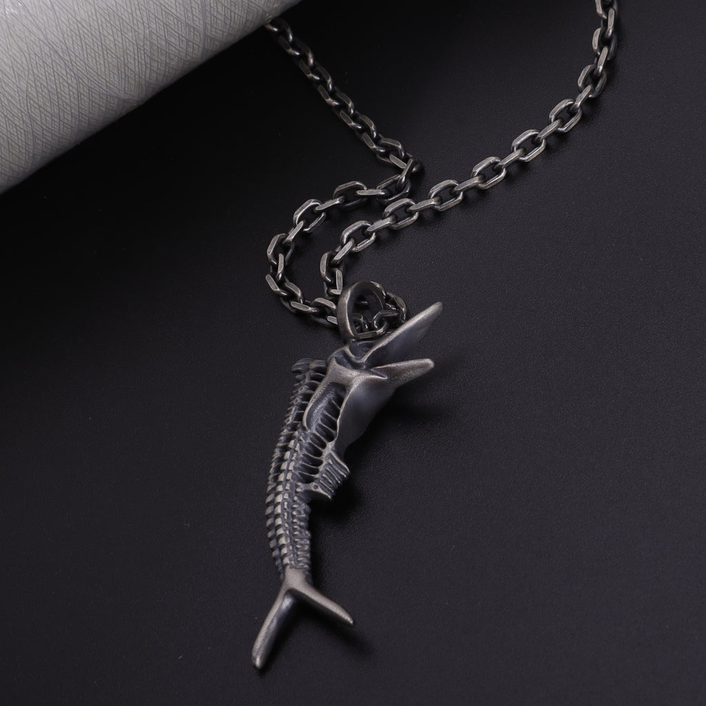 925 Sterling Silver Sailfish Skeleton Pendant Necklace, Vintage Marlin Fish Bone Jewelry