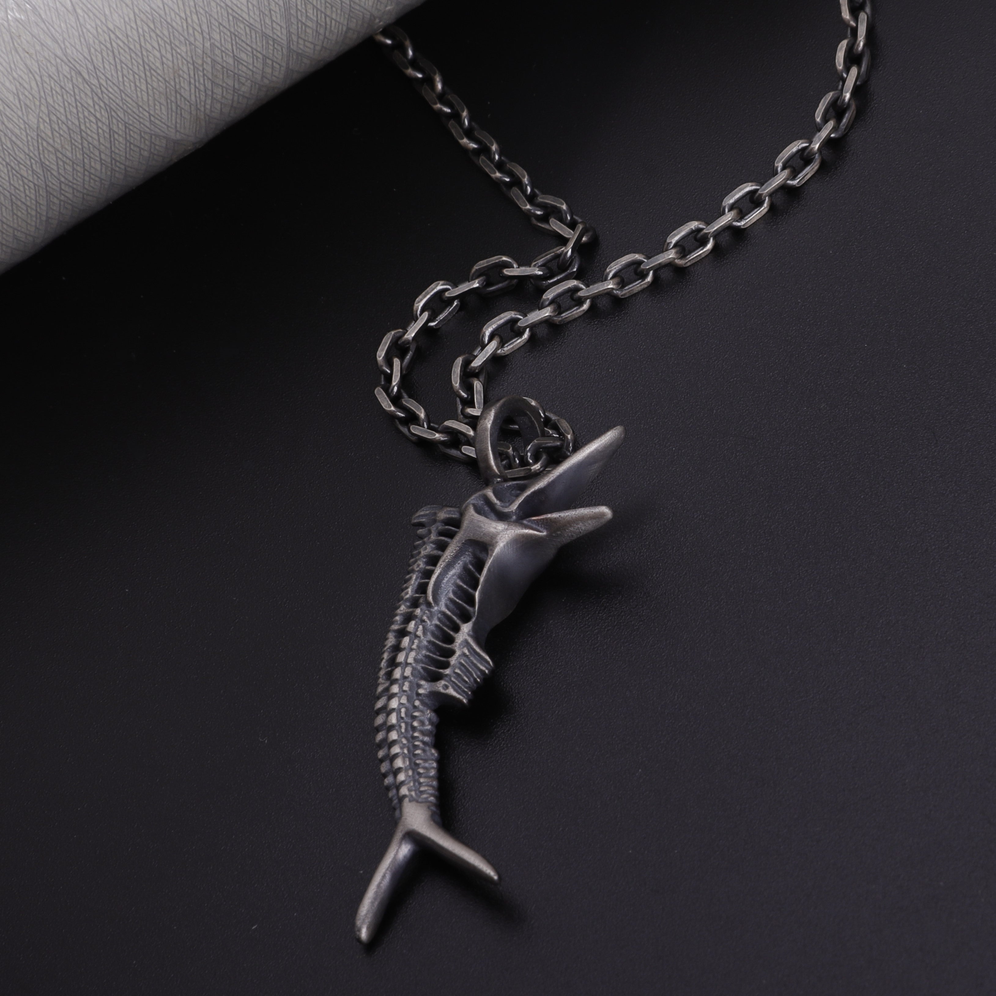925 Sterling Silver Sailfish Skeleton Pendant Necklace, Vintage Marlin Fish Bone Jewelry