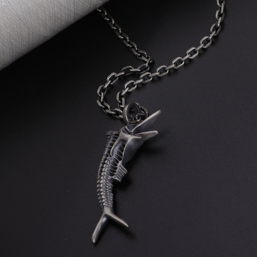 925 Sterling Silver Sailfish Skeleton Pendant Necklace, Vintage Marlin Fish Bone Jewelry