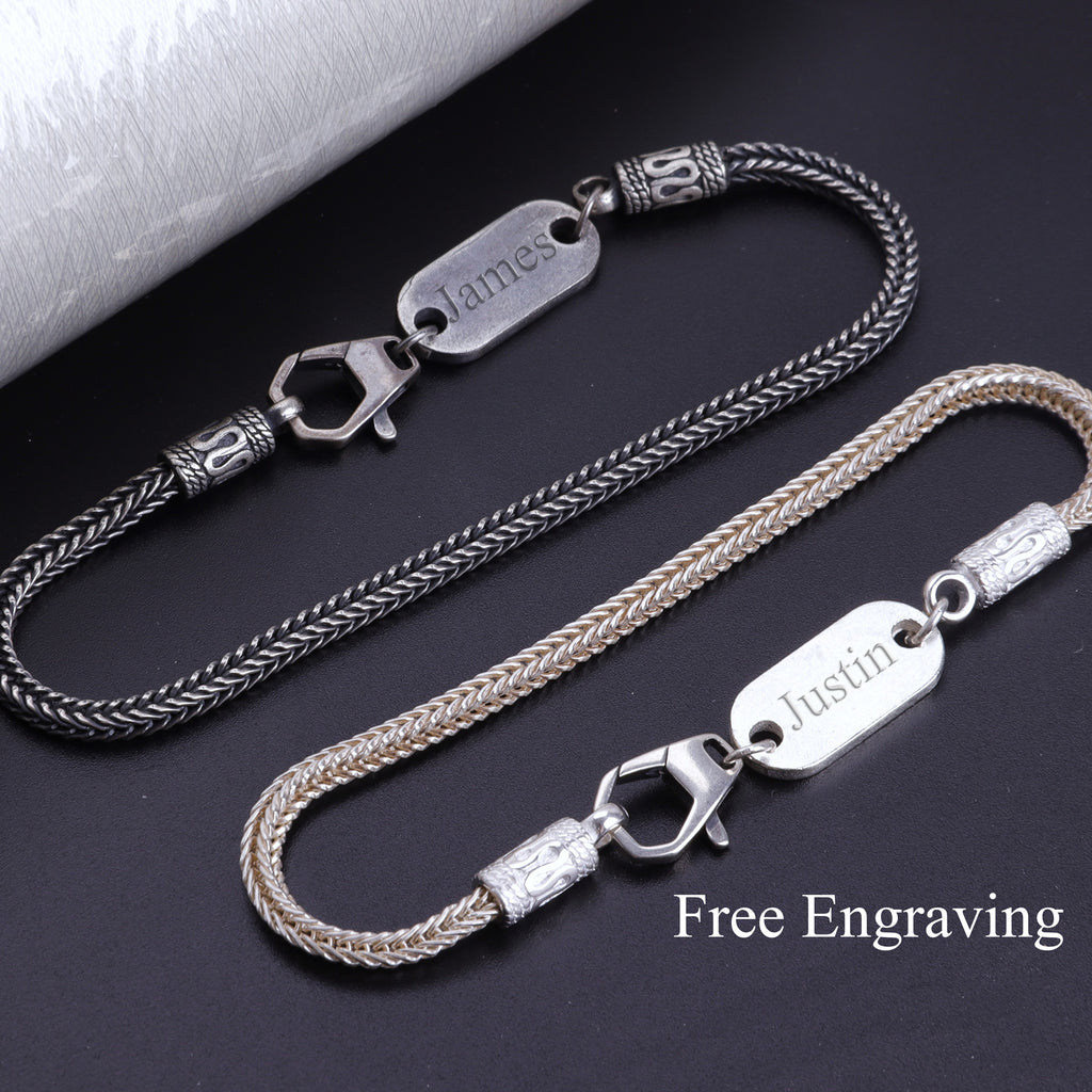 925 Sterling Silver Square Foxtail Chain Engravable ID Bracelet