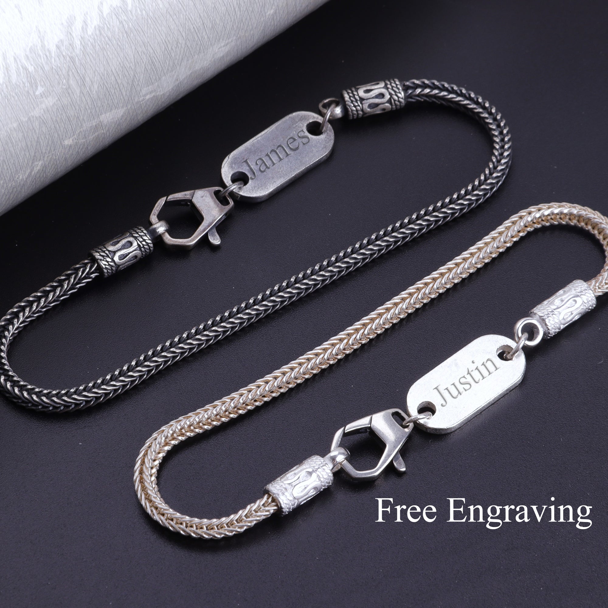 925 Sterling Silver Square Foxtail Chain Engravable ID Bracelet