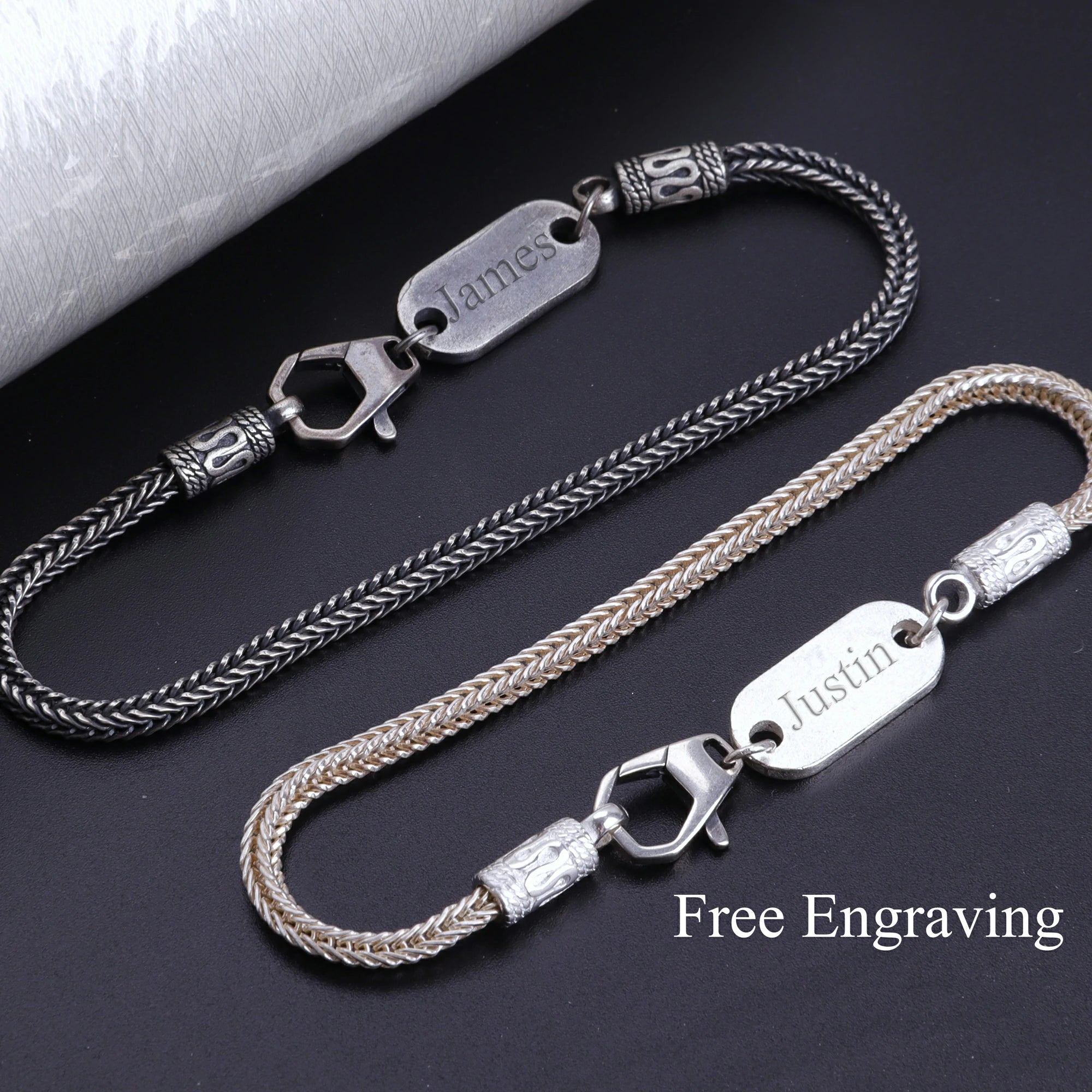 925 Sterling Silver Square Foxtail Chain Engravable ID Bracelet
