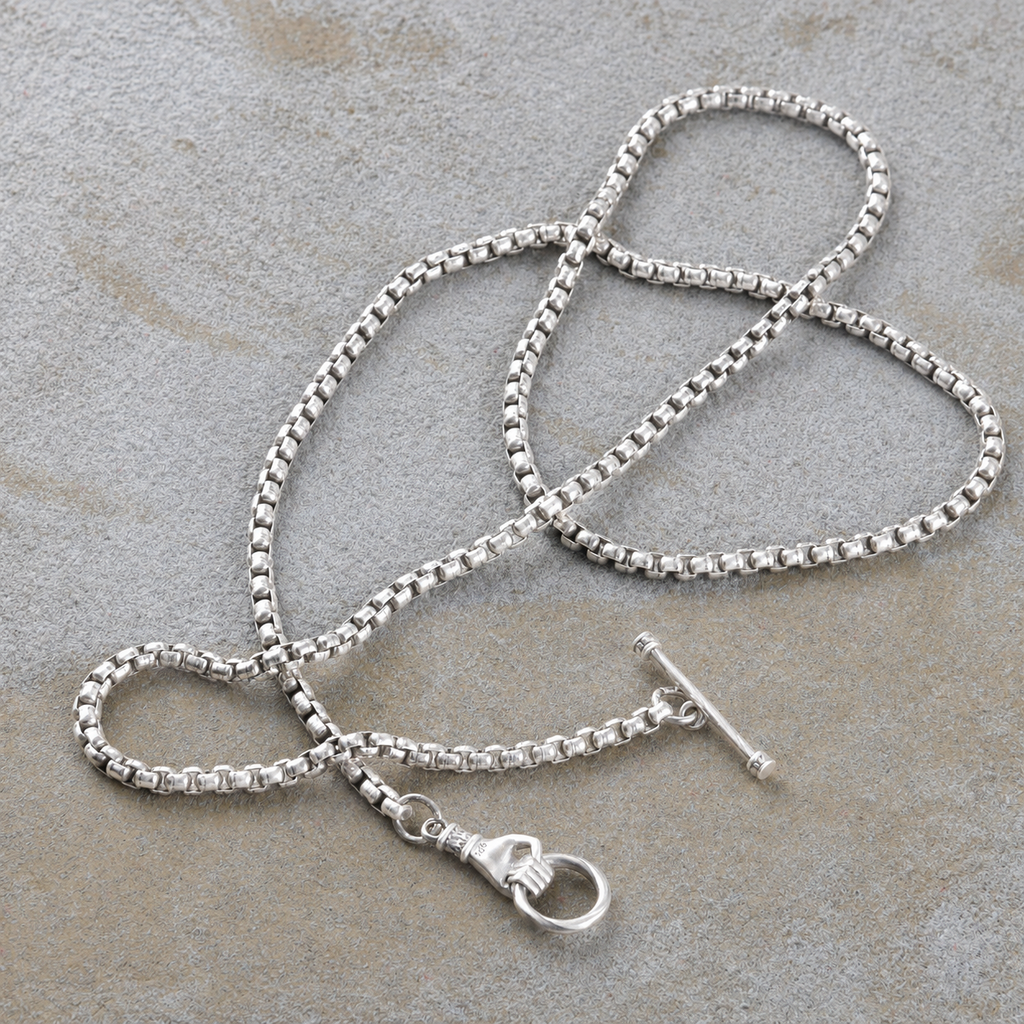 Vintage Silver Hand OT Toggle Box Chain Men Necklace Gift for Him Birthday-3mm-5mm Sizes