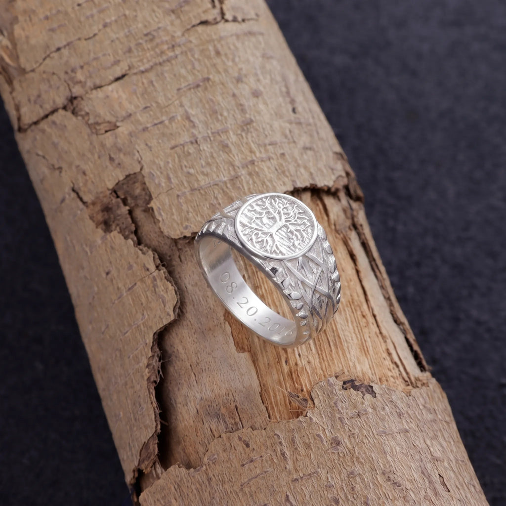 Men’s Personalized 925 Sterling Silver Tree of Life Ring, Celtic Family Tree Signet Band