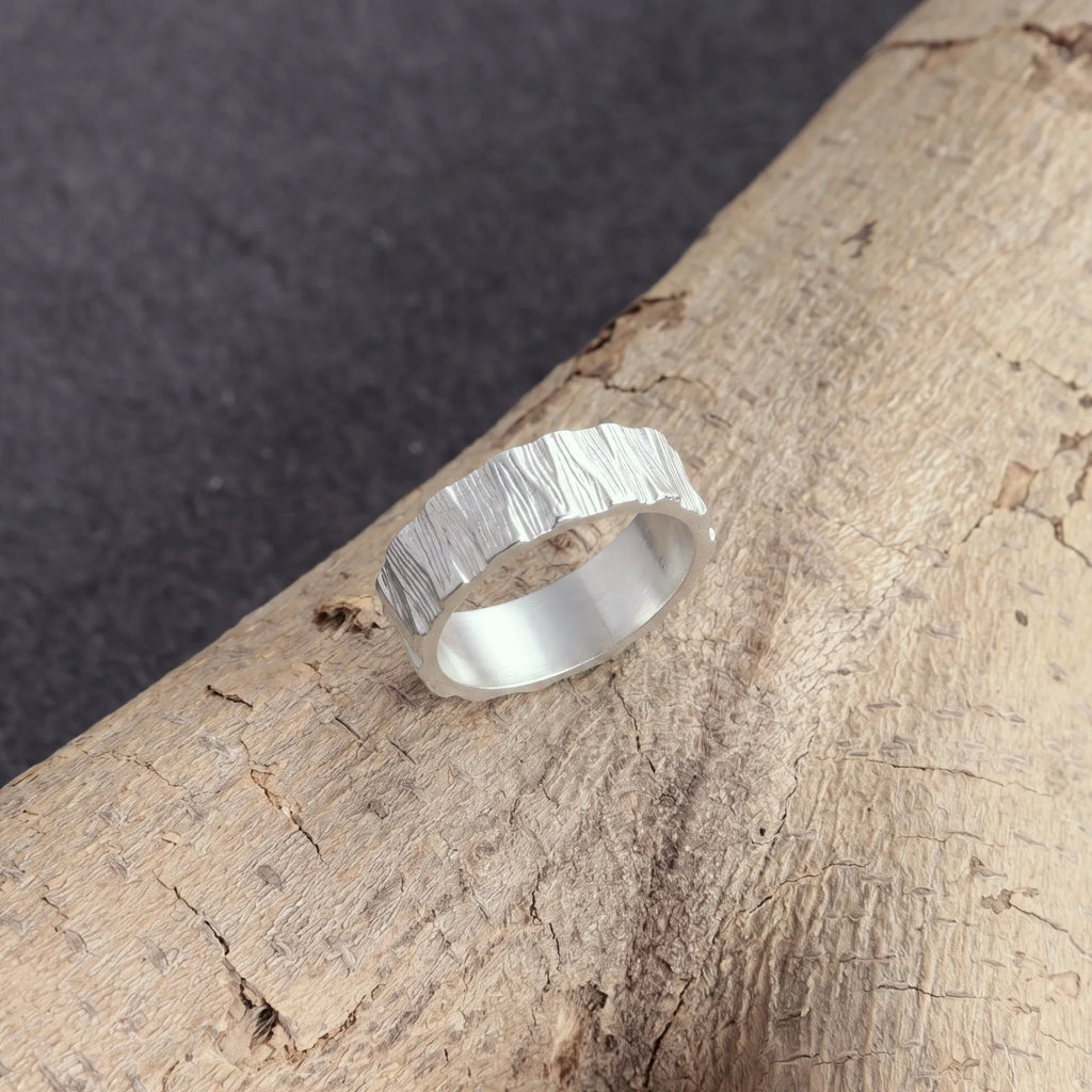 Custom Engraved Bark Textured 925 Sterling Silver Ring for Men