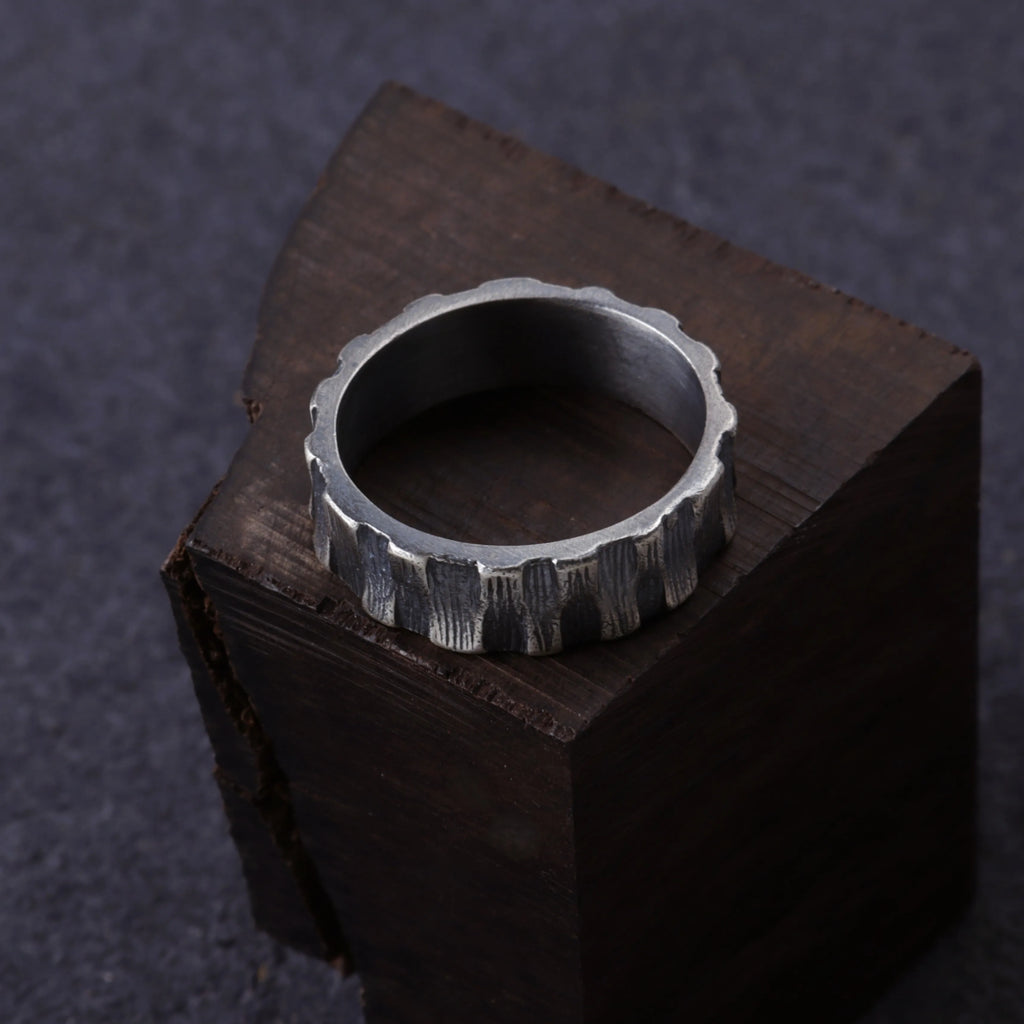 Custom Engraved Bark Textured 925 Sterling Silver Ring for Men