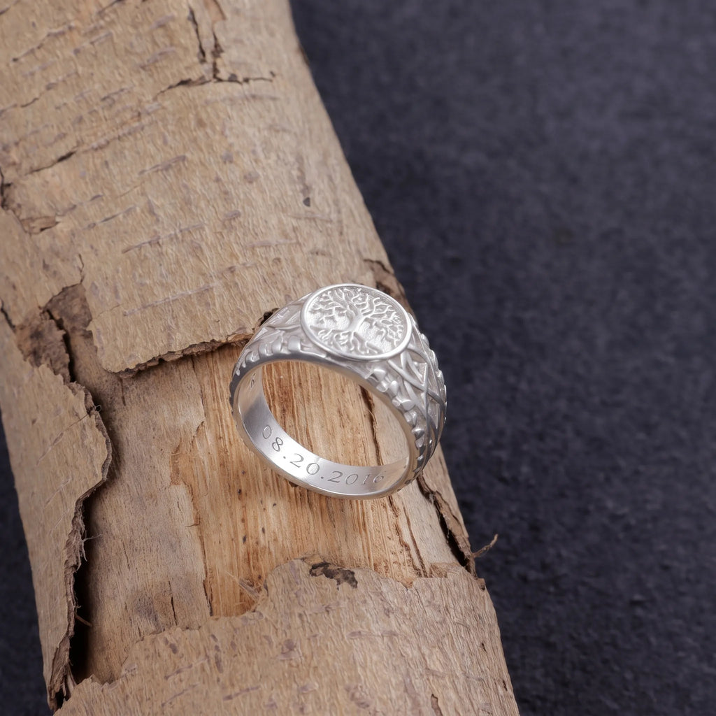 Men’s Personalized 925 Sterling Silver Tree of Life Ring, Celtic Family Tree Signet Band
