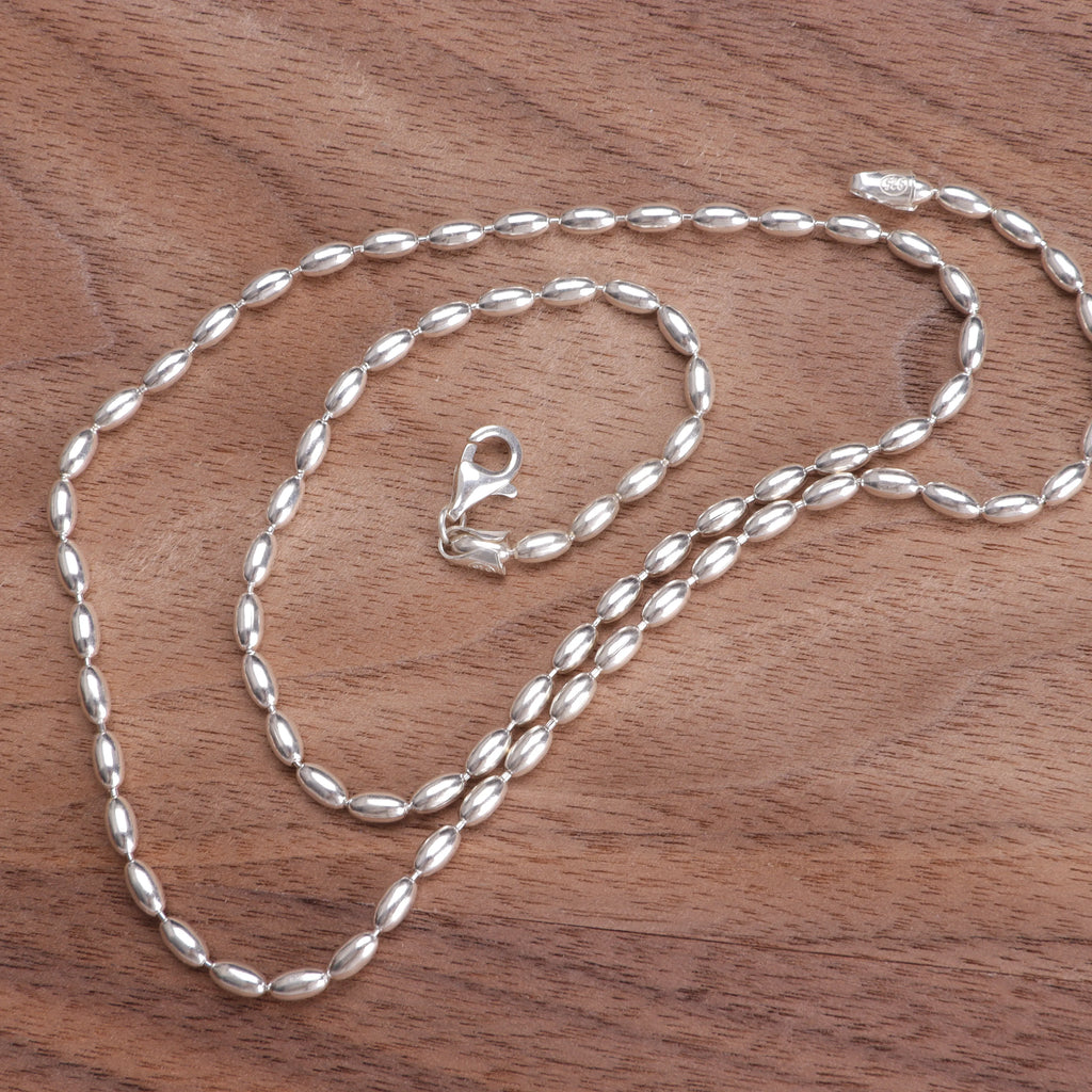 Women's 925 Sterling Silver Oval Rice Bead Chain Necklace