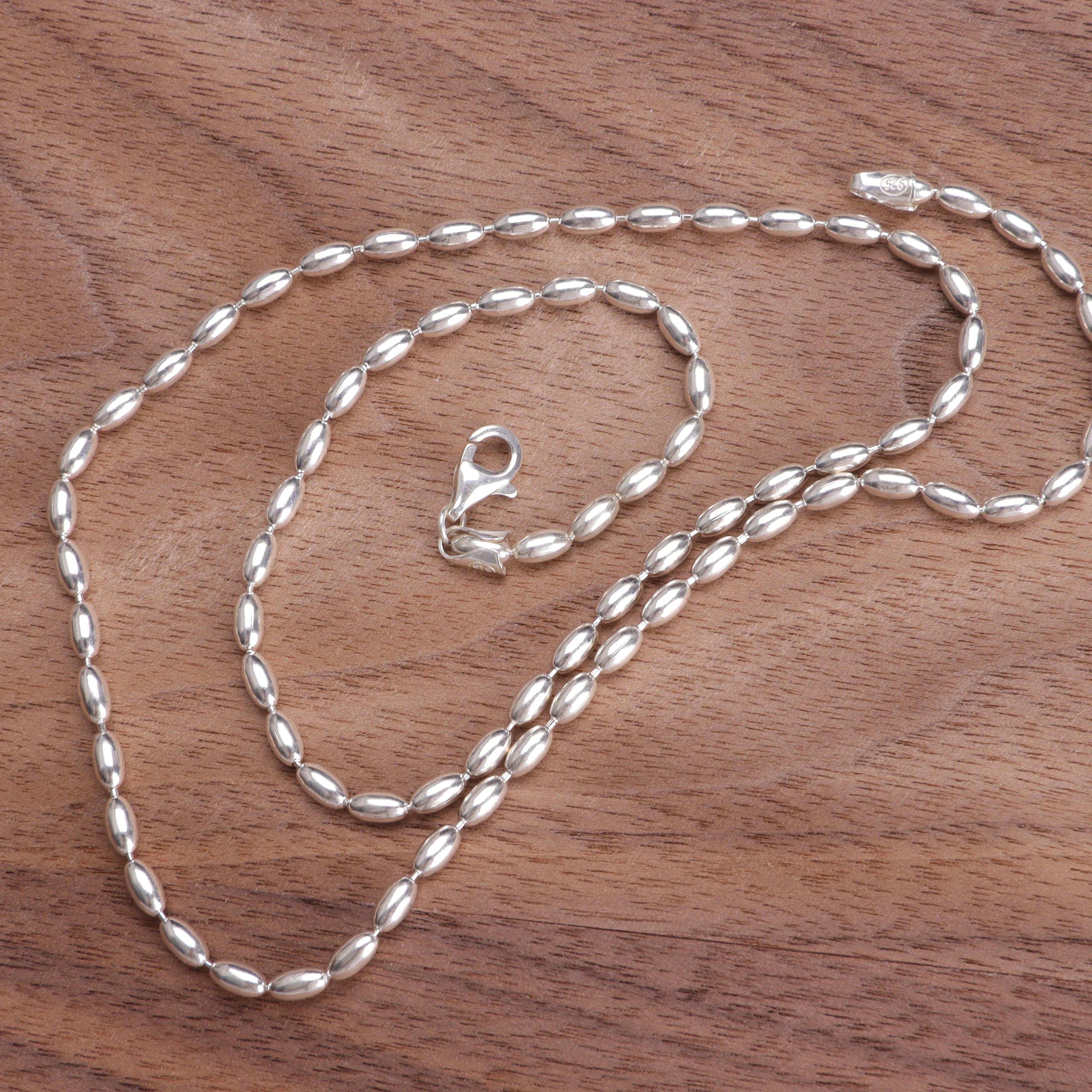 Women's 925 Sterling Silver Oval Rice Bead Chain Necklace