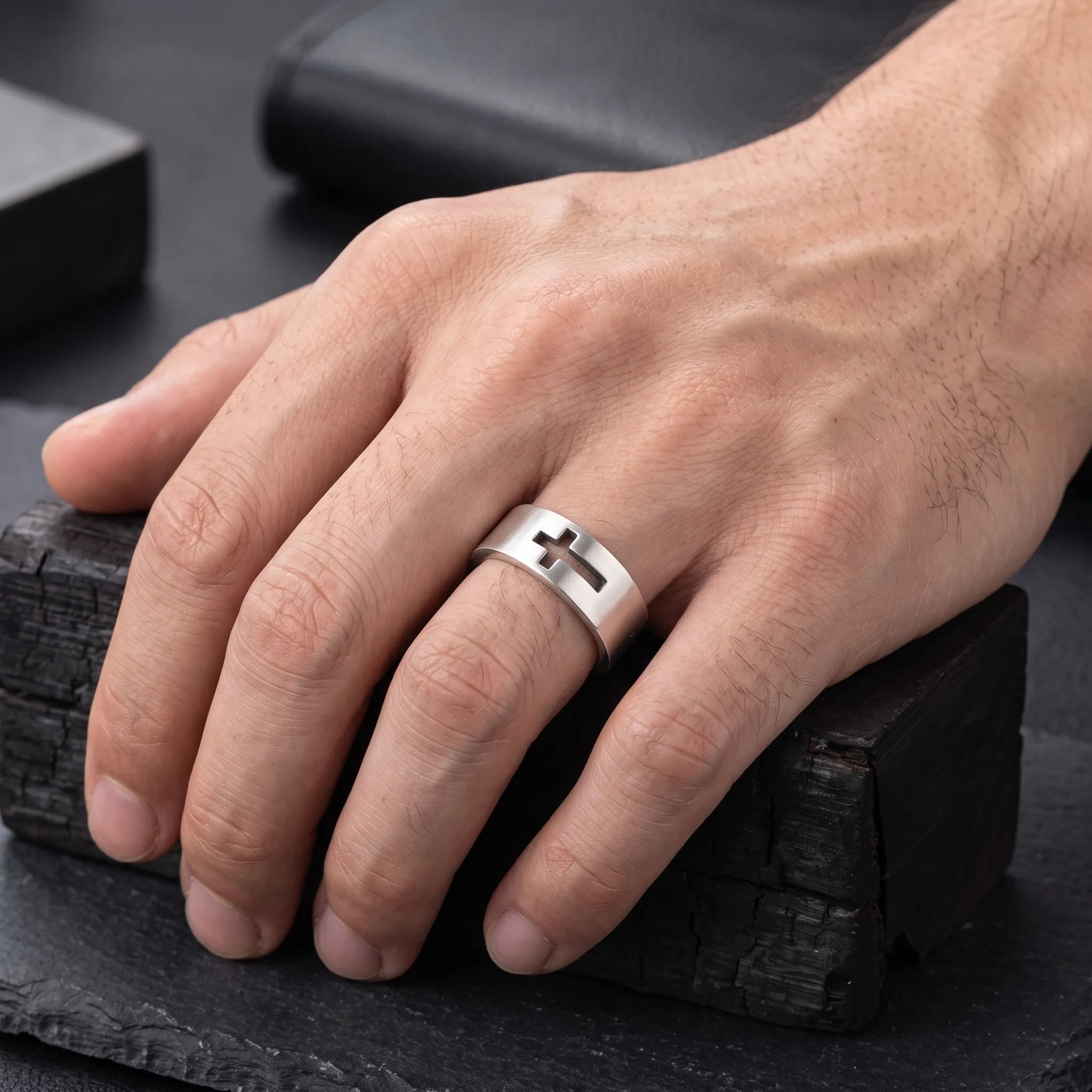 Personalized 925 Sterling Silver Cutout Cross Ring for Men Custom Engraved