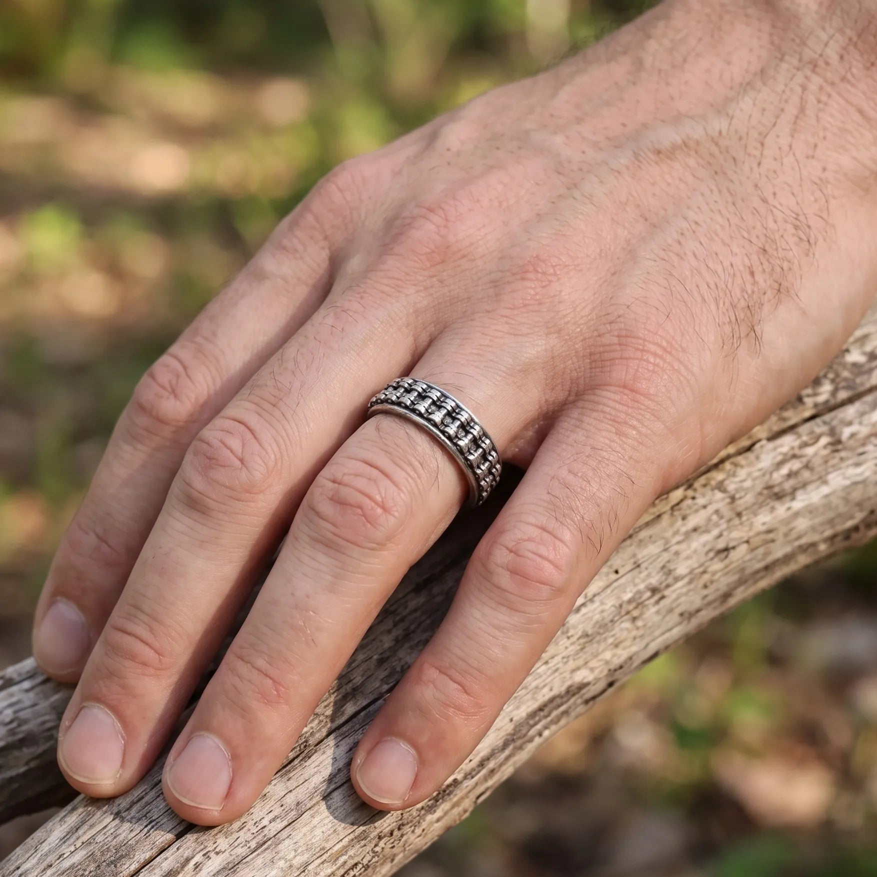Personalised Men’s Oxidised 925 Sterling Silver Motorcycle Chain Ring Band