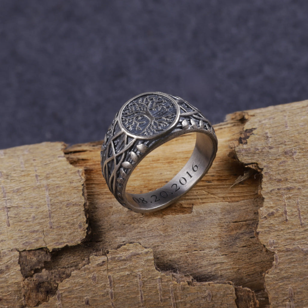 Men’s Personalized 925 Sterling Silver Tree of Life Ring, Celtic Family Tree Signet Band