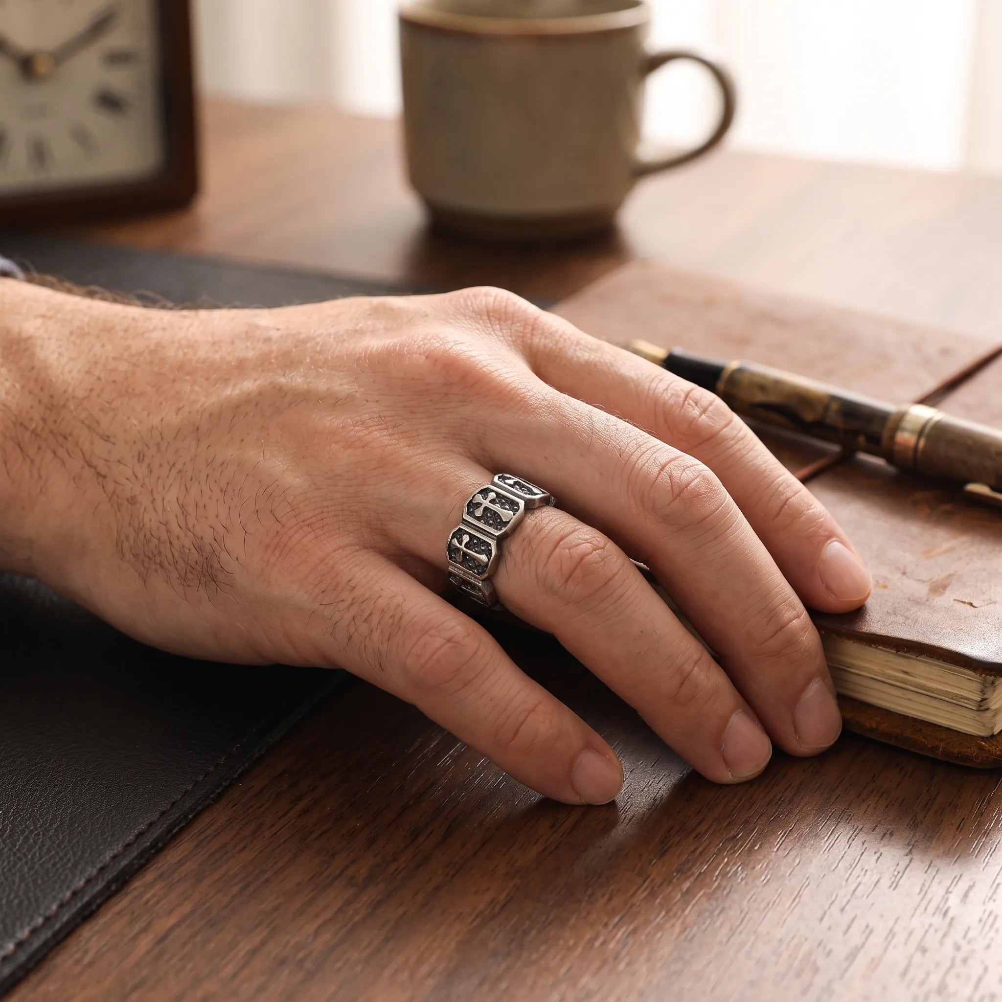 Personalized Mens Vintage 925 Sterling Silver Cross Ring - Custom Engraved Band