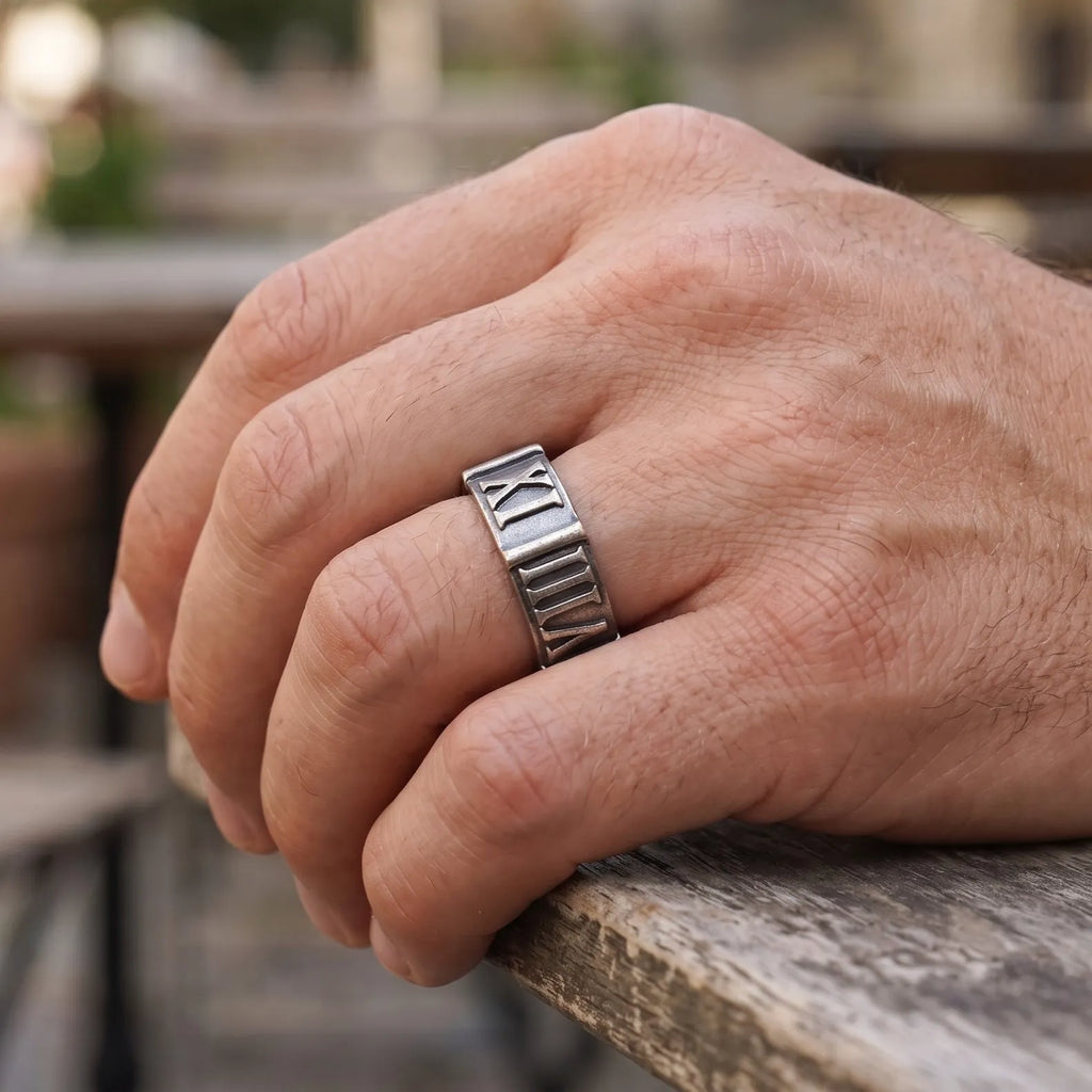 Custom Engraved Vintage 925 Sterling Silver Roman Numeral Men Ring