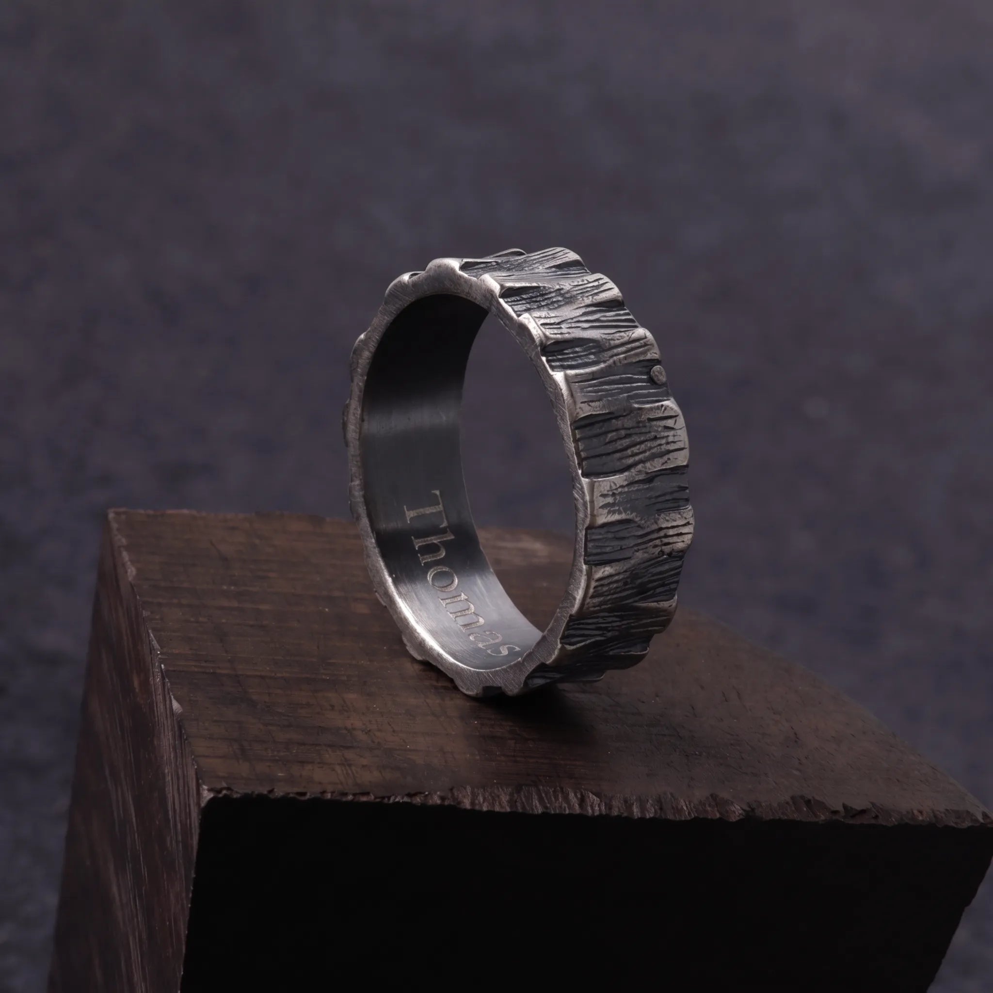 Custom Engraved Bark Textured 925 Sterling Silver Ring for Men