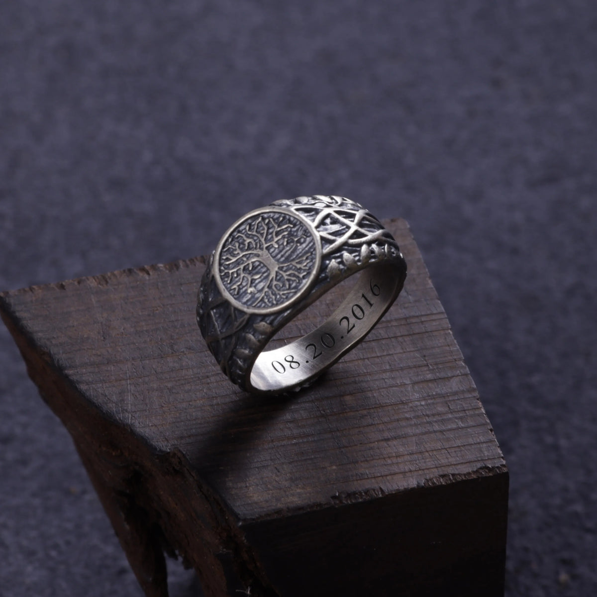 Men’s Personalized 925 Sterling Silver Tree of Life Ring, Celtic Family Tree Signet Band