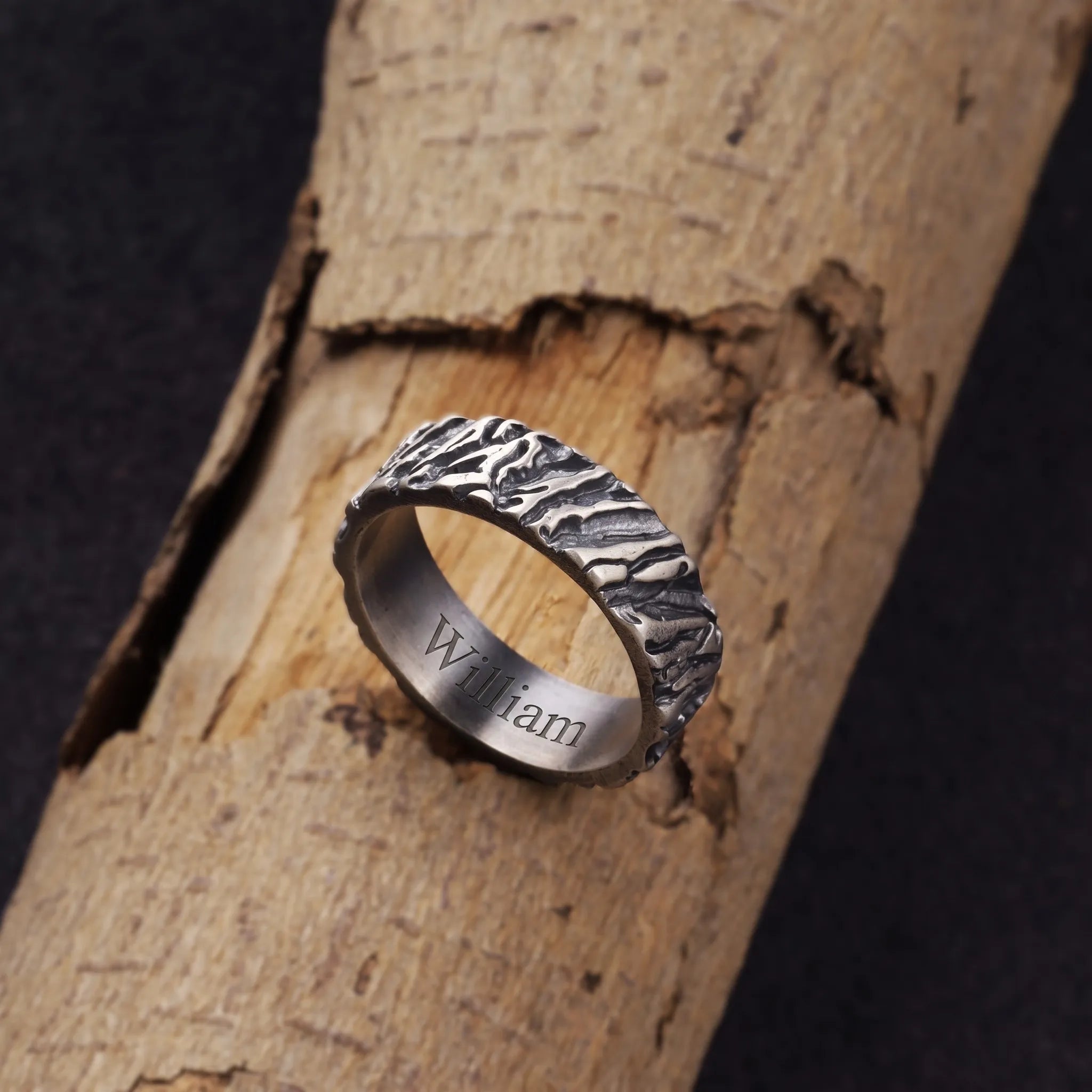 Custom Engraved Men's 925 Sterling Silver Lava Textured Ring