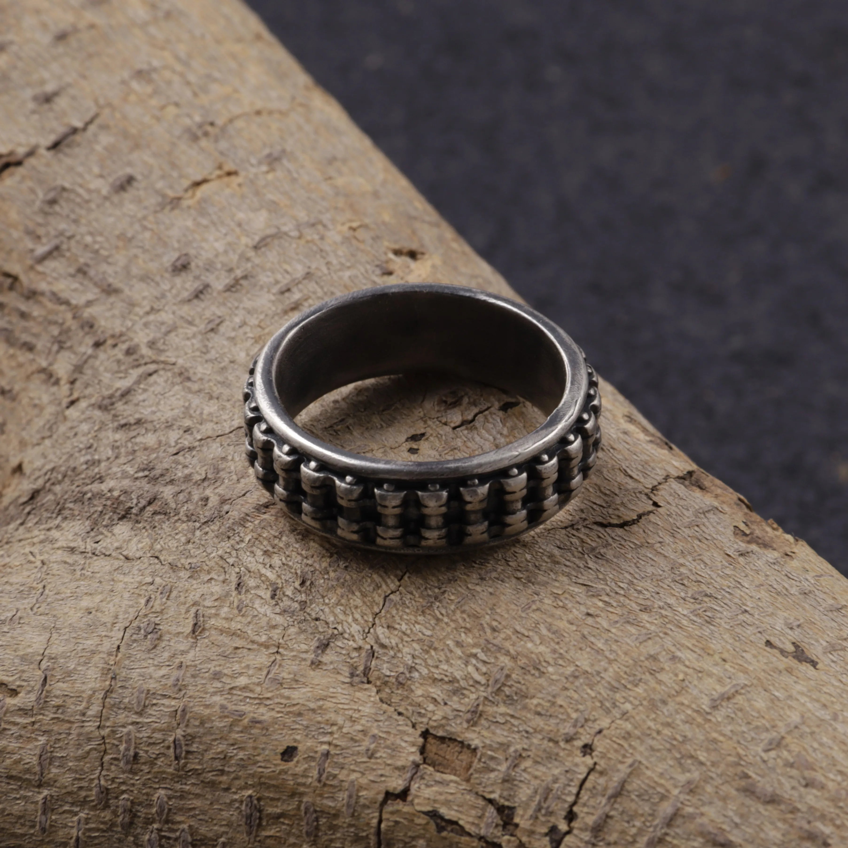 Personalised Men’s Oxidised 925 Sterling Silver Motorcycle Chain Ring Band