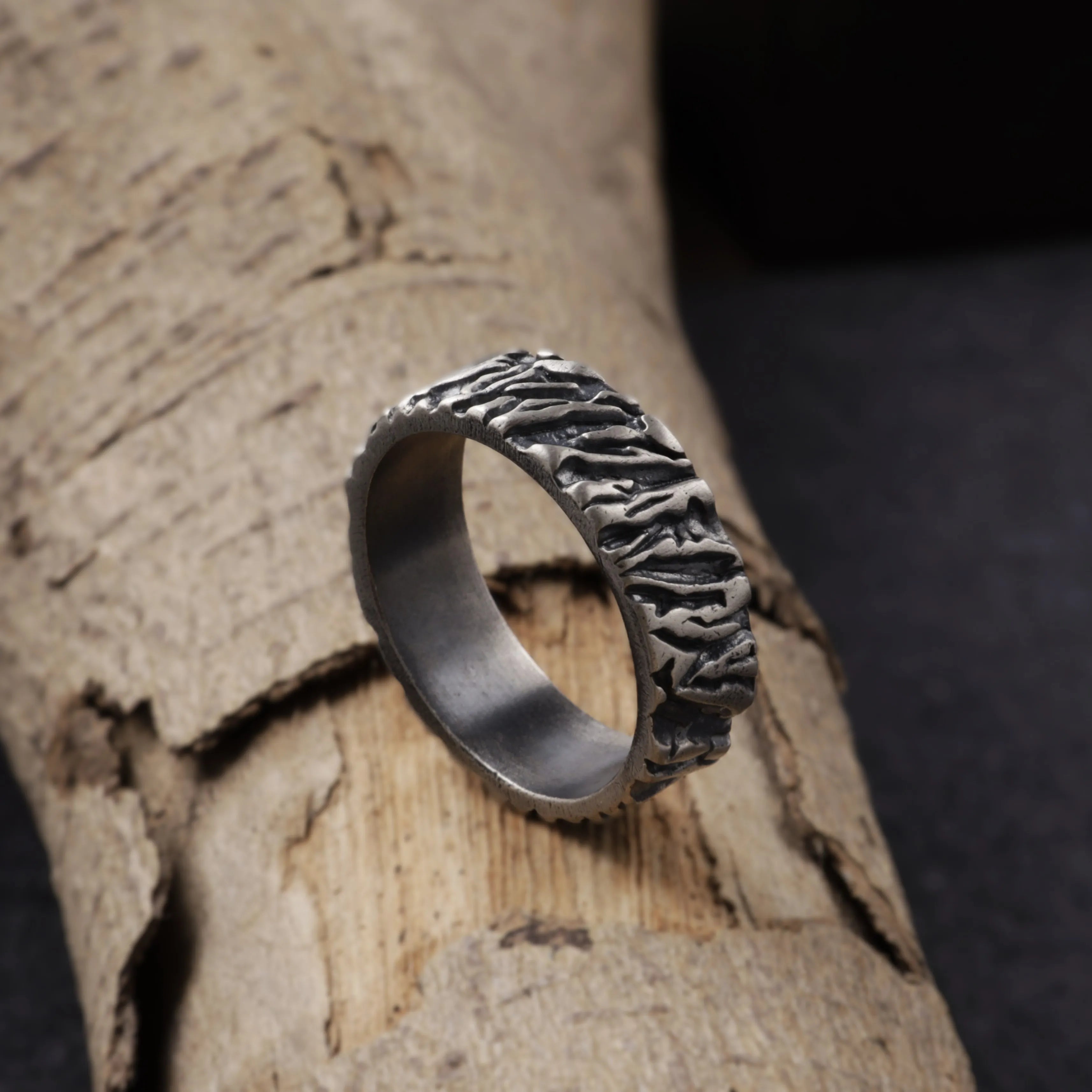 Custom Engraved Men's 925 Sterling Silver Lava Textured Ring