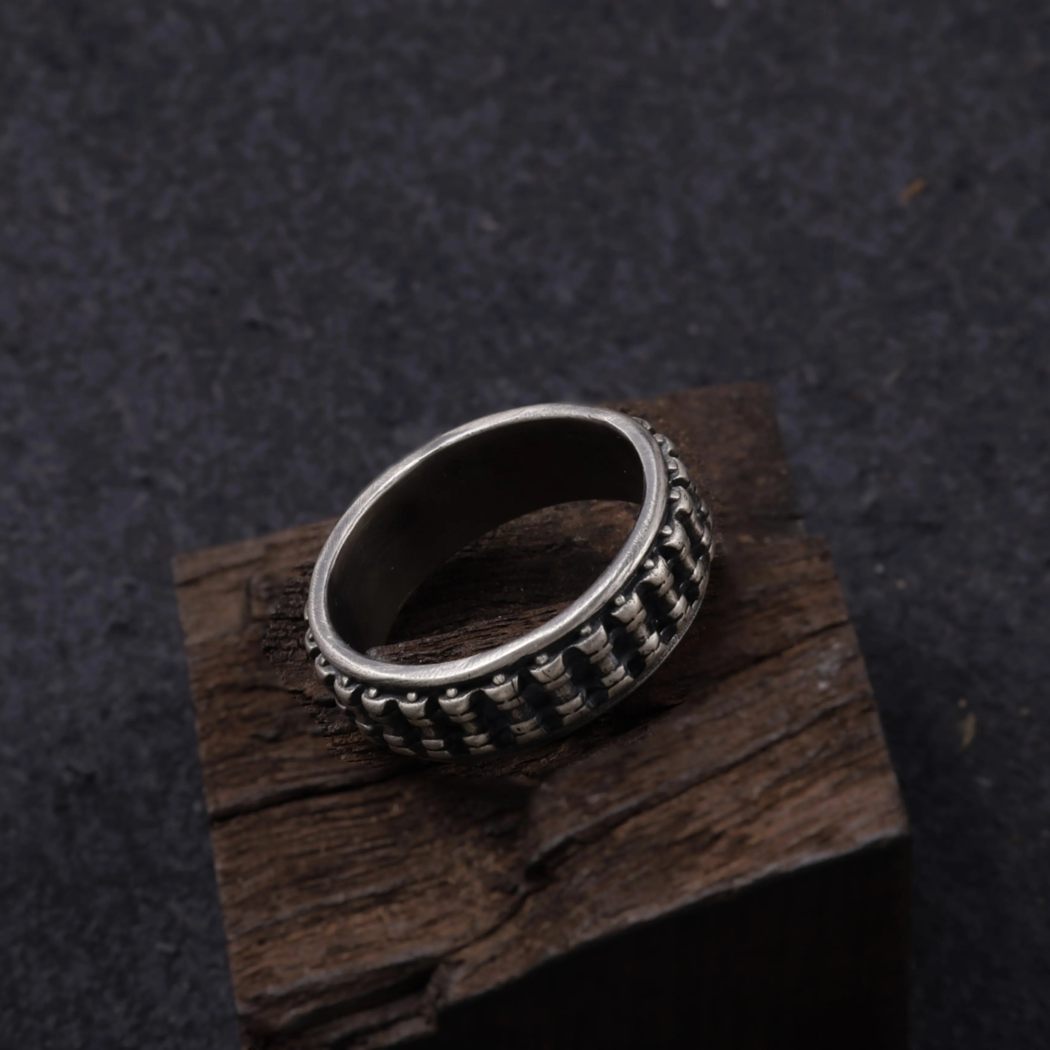 Personalised Men’s Oxidised 925 Sterling Silver Motorcycle Chain Ring Band