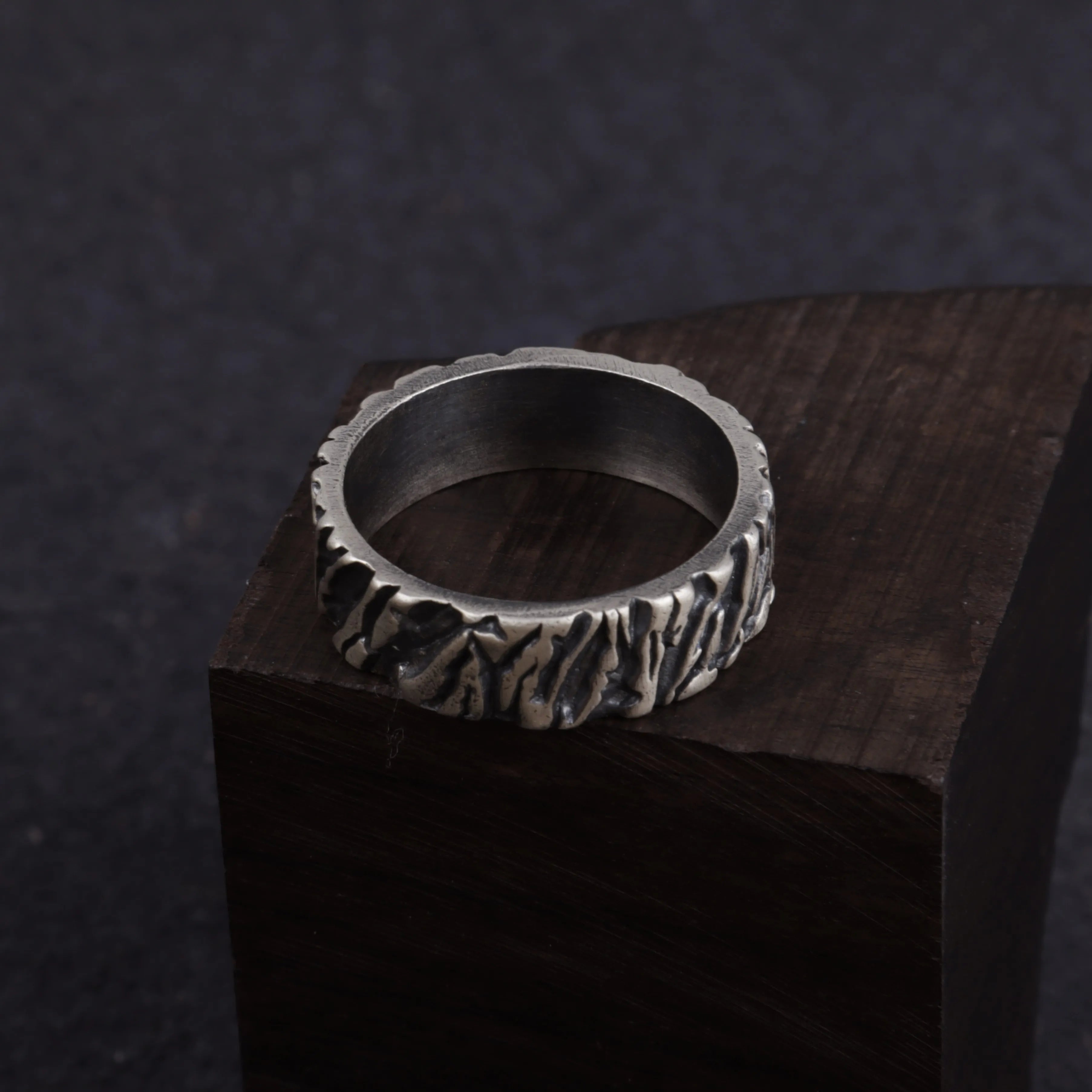 Custom Engraved Men's 925 Sterling Silver Lava Textured Ring
