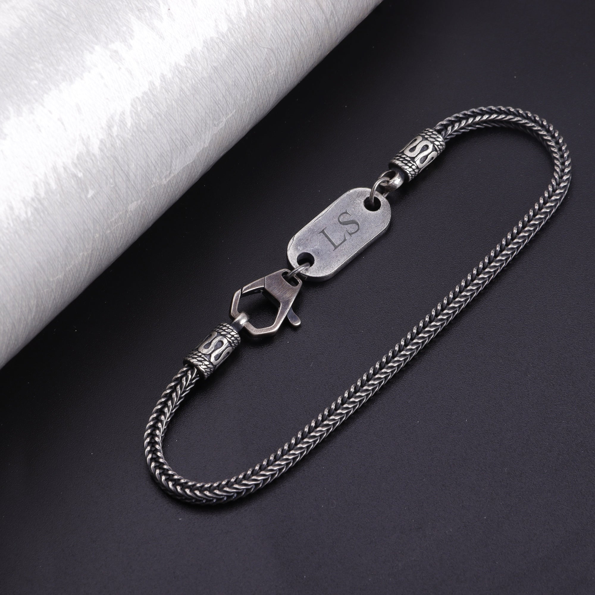 925 Sterling Silver Square Foxtail Chain Engravable ID Bracelet