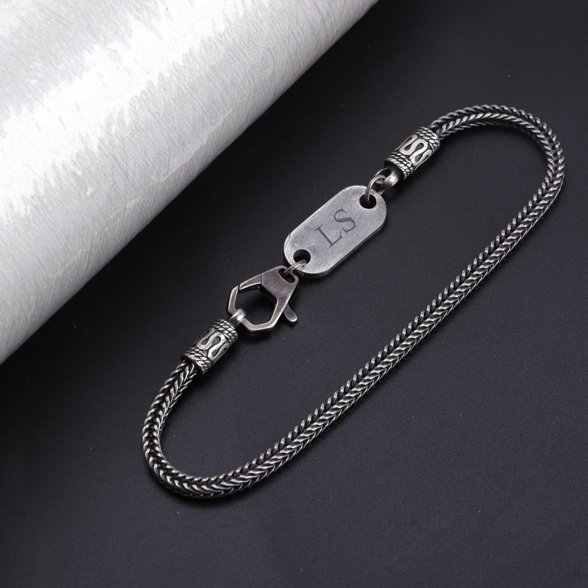 925 Sterling Silver Square Foxtail Chain Engravable ID Bracelet