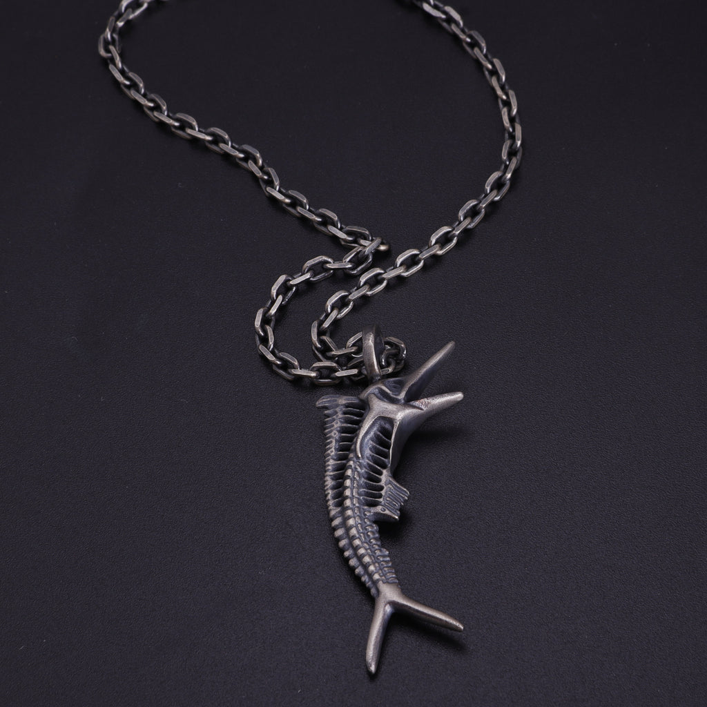 925 Sterling Silver Sailfish Skeleton Pendant Necklace, Vintage Marlin Fish Bone Jewelry