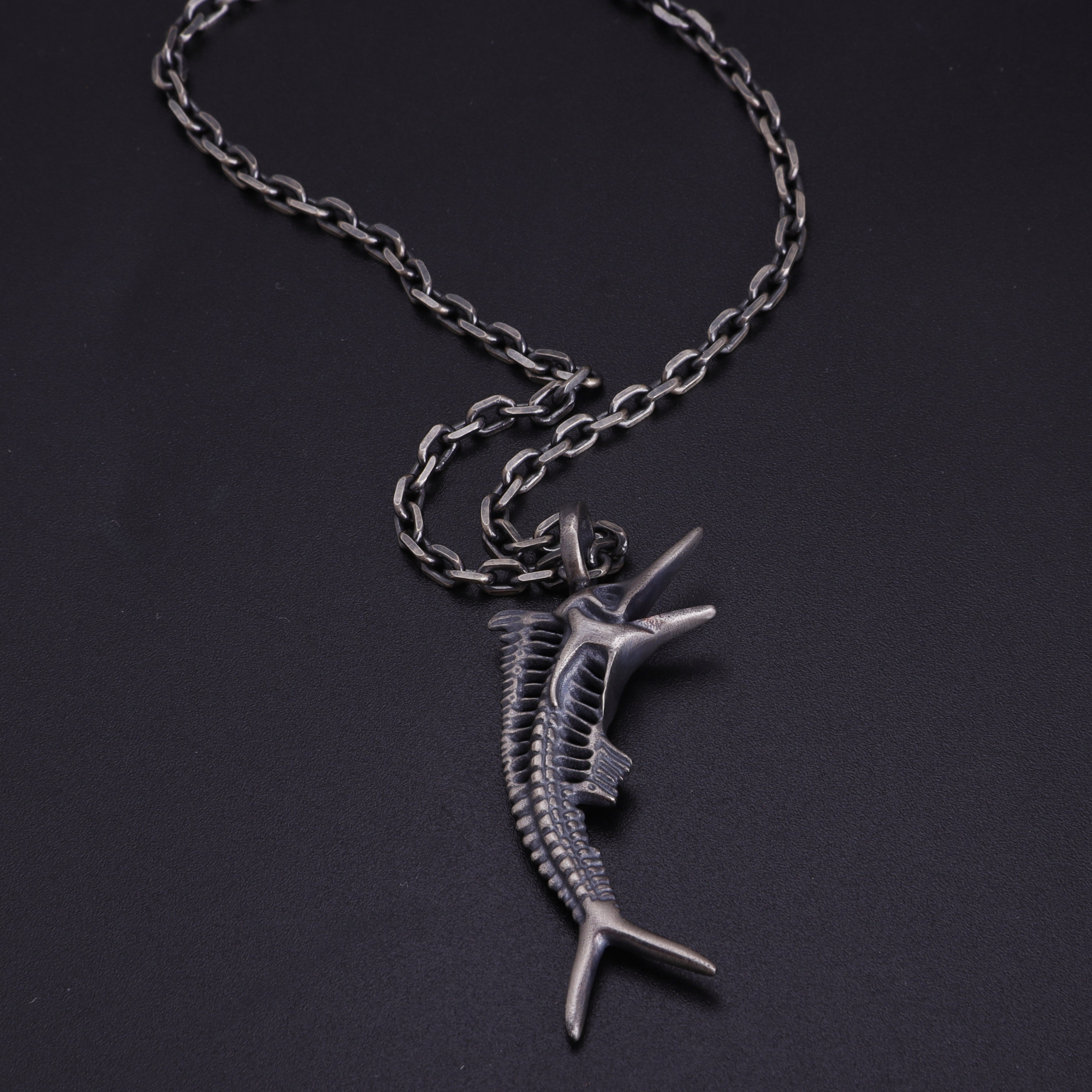 925 Sterling Silver Sailfish Skeleton Pendant Necklace, Vintage Marlin Fish Bone Jewelry