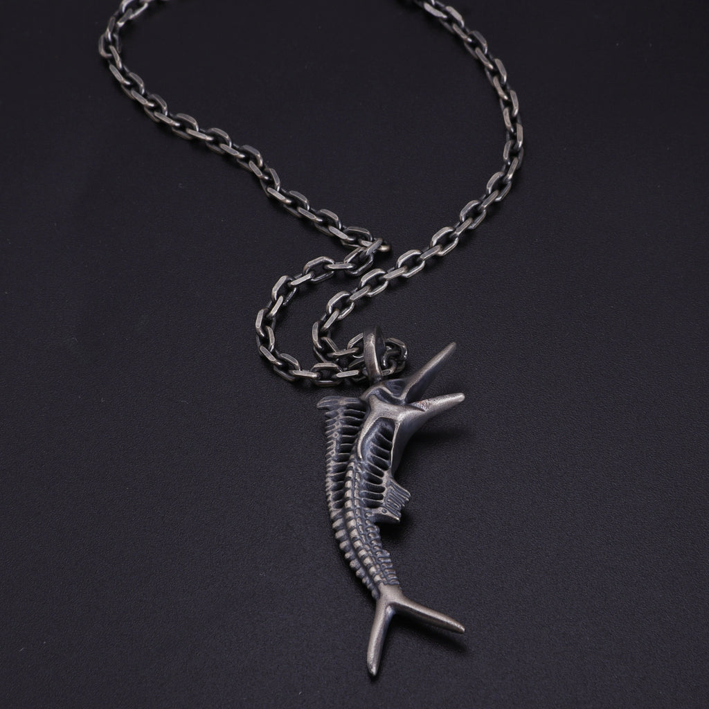 925 Sterling Silver Sailfish Skeleton Pendant Necklace, Vintage Marlin Fish Bone Jewelry