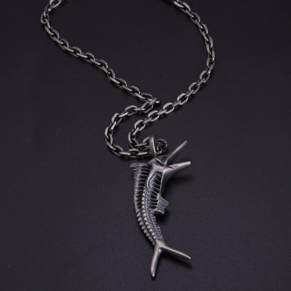 925 Sterling Silver Sailfish Skeleton Pendant Necklace, Vintage Marlin Fish Bone Jewelry