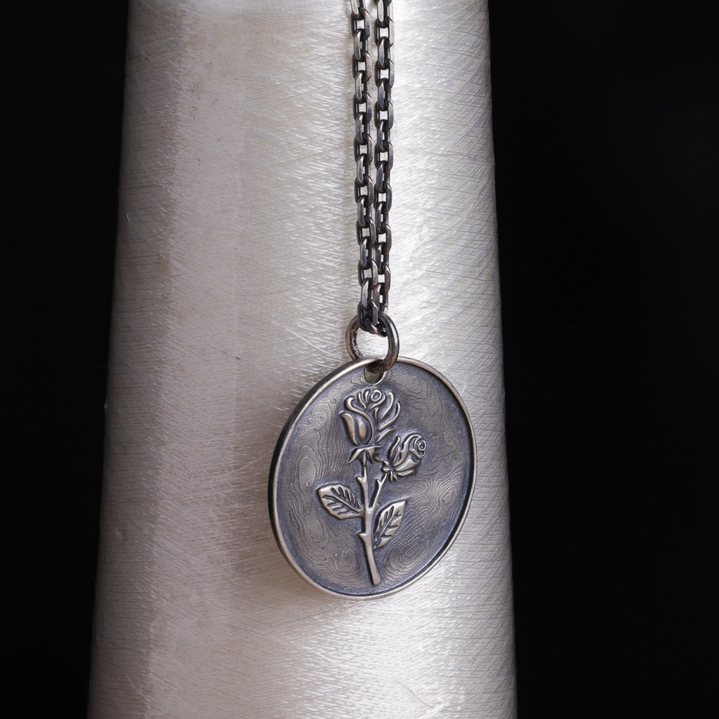 925 Sterling Silver Rose Pendant Necklace, Engravable Personalized Floral Medallion
