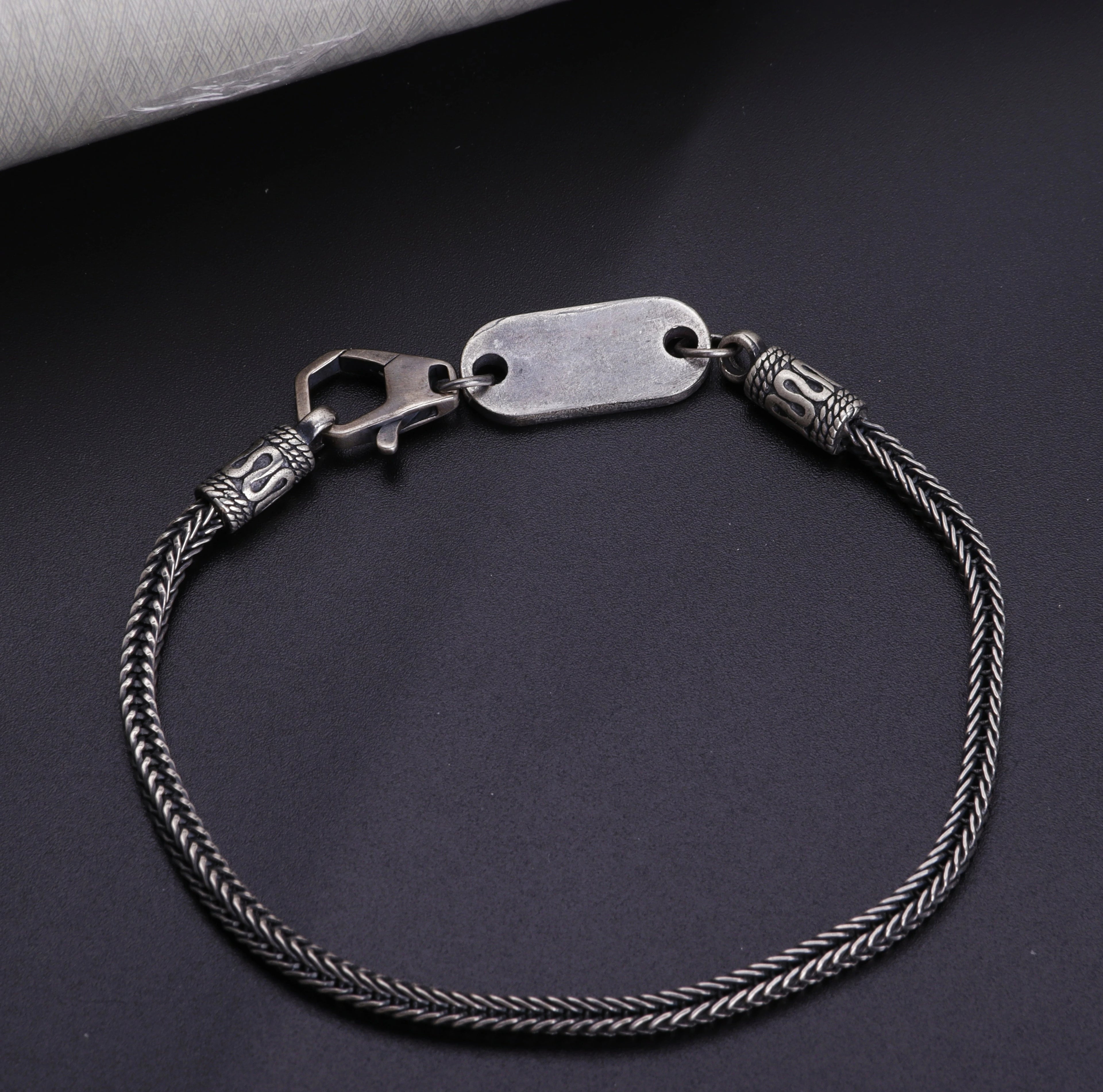 925 Sterling Silver Square Foxtail Chain Engravable ID Bracelet