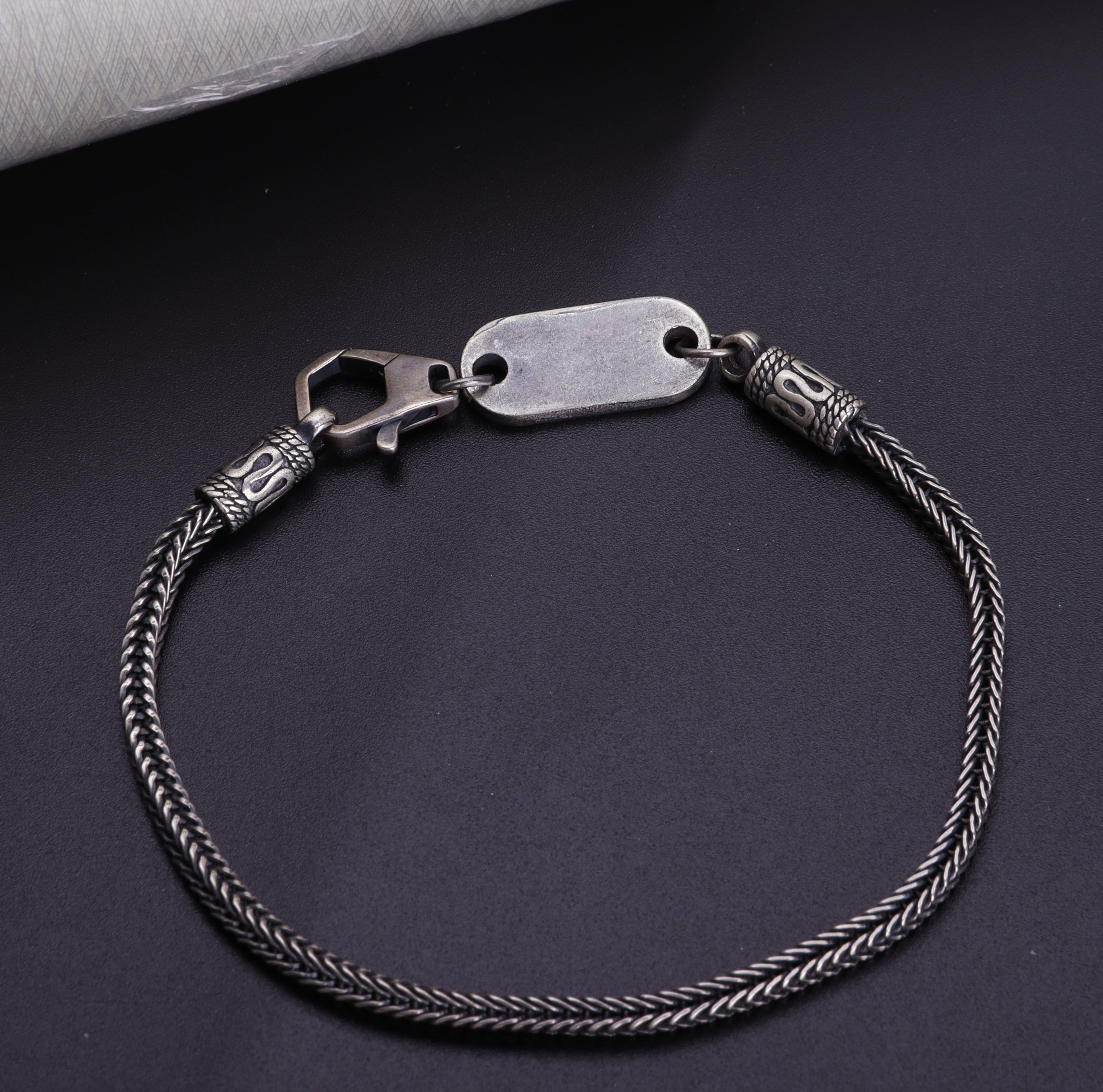 925 Sterling Silver Square Foxtail Chain Engravable ID Bracelet