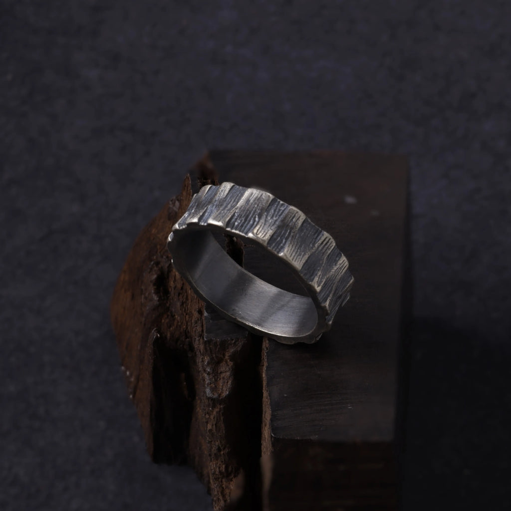 Custom Engraved Bark Textured 925 Sterling Silver Ring for Men