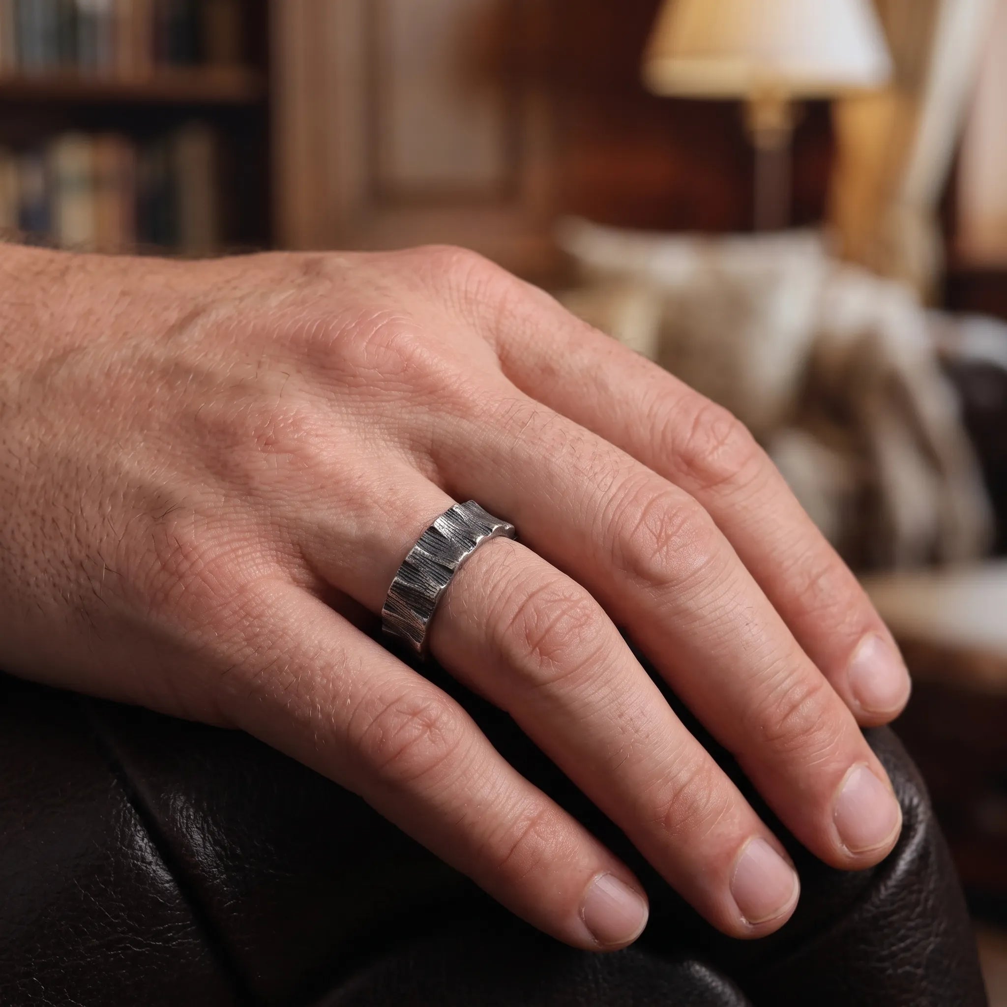 Custom Engraved Bark Textured 925 Sterling Silver Ring for Men