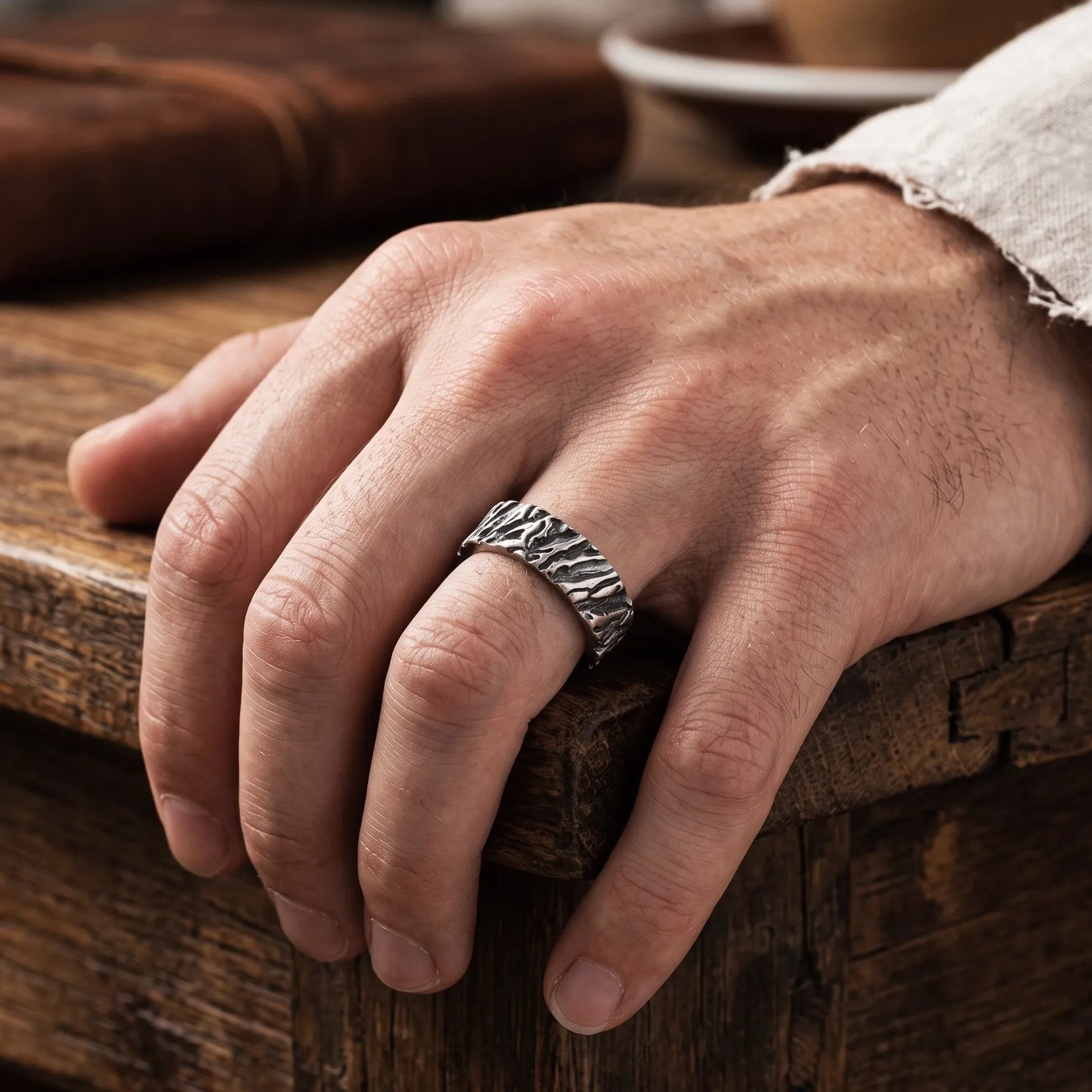 Custom Engraved Men's 925 Sterling Silver Lava Textured Ring