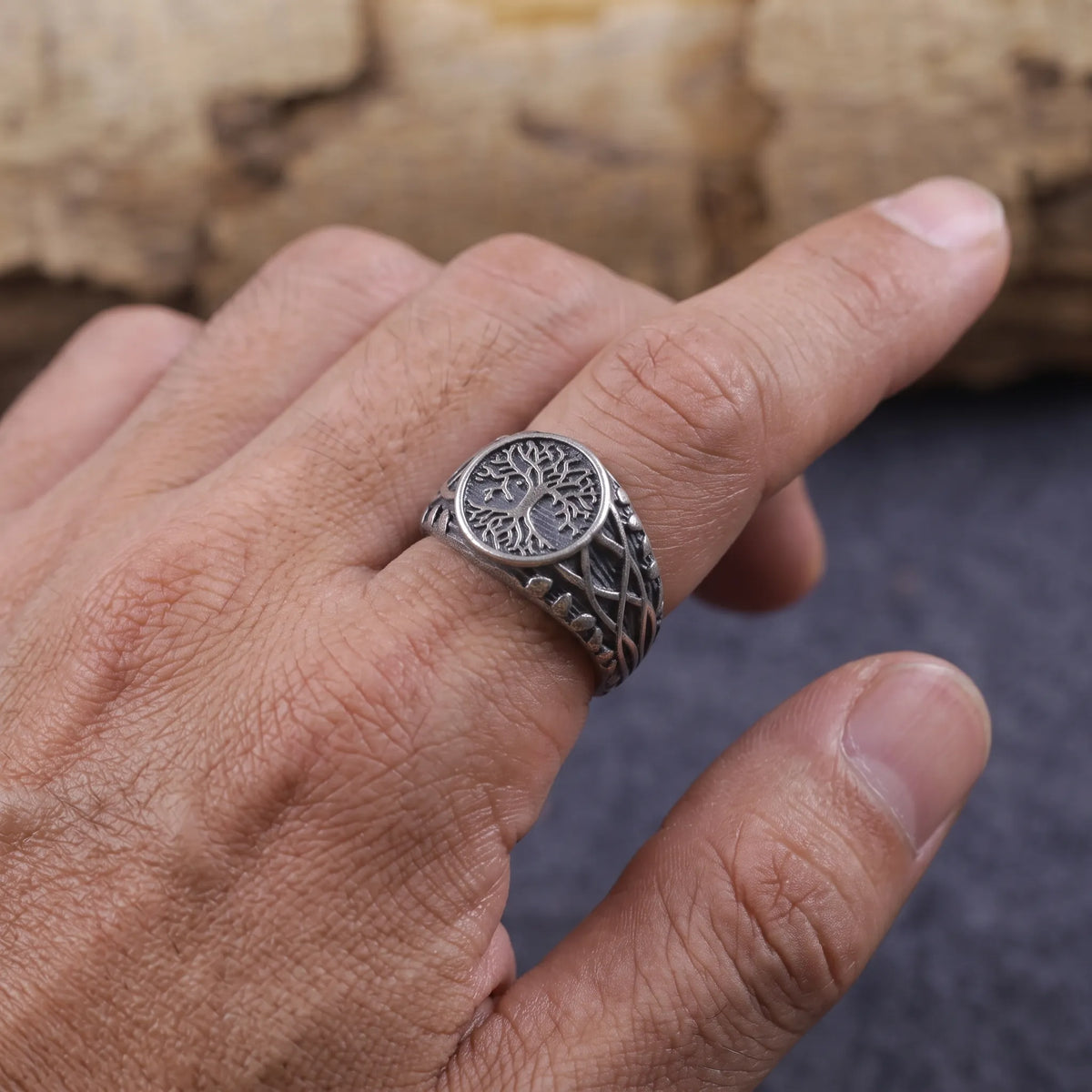 Men’s Personalized 925 Sterling Silver Tree of Life Ring, Celtic Family Tree Signet Band