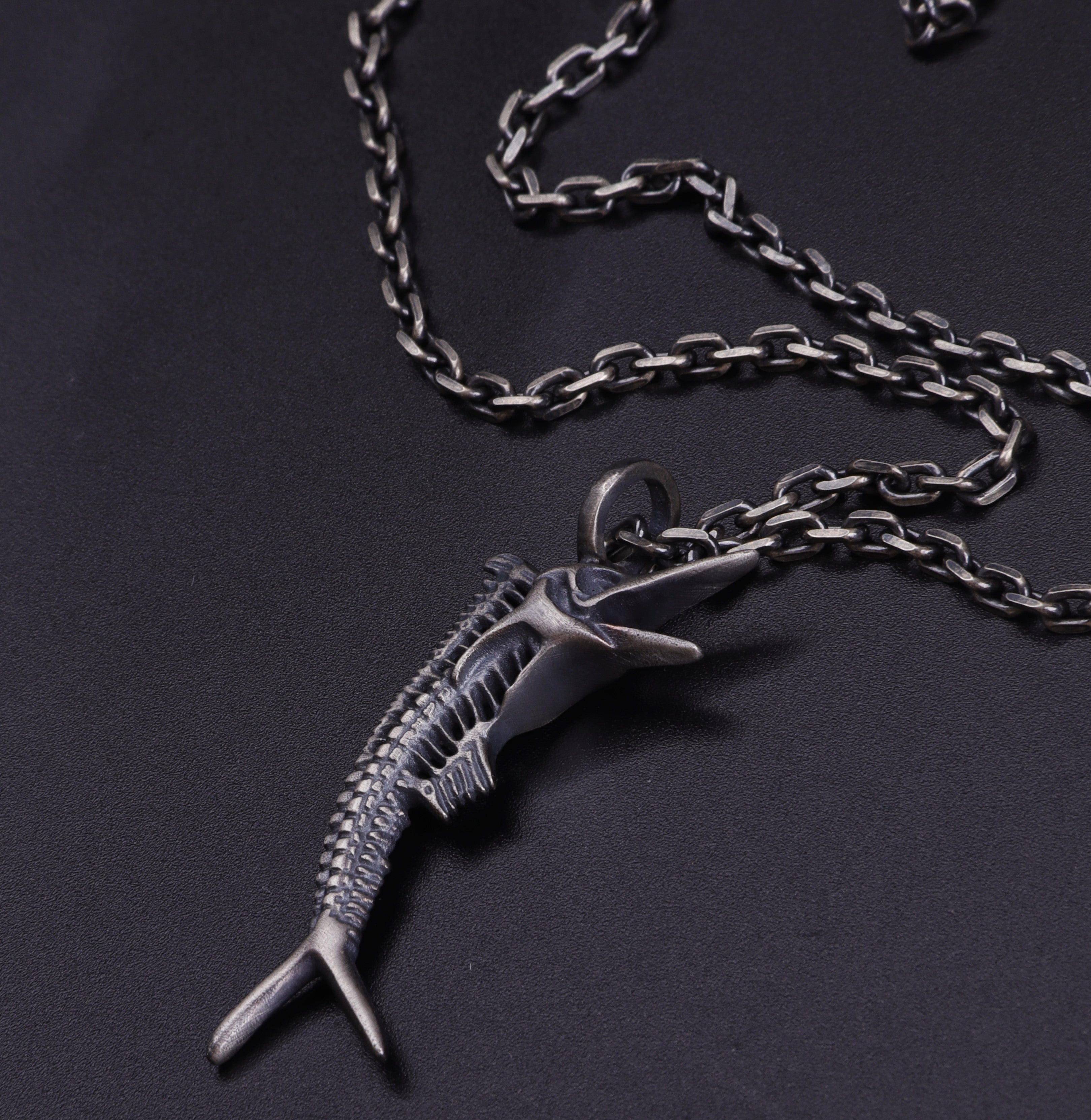 925 Sterling Silver Sailfish Skeleton Pendant Necklace, Vintage Marlin Fish Bone Jewelry