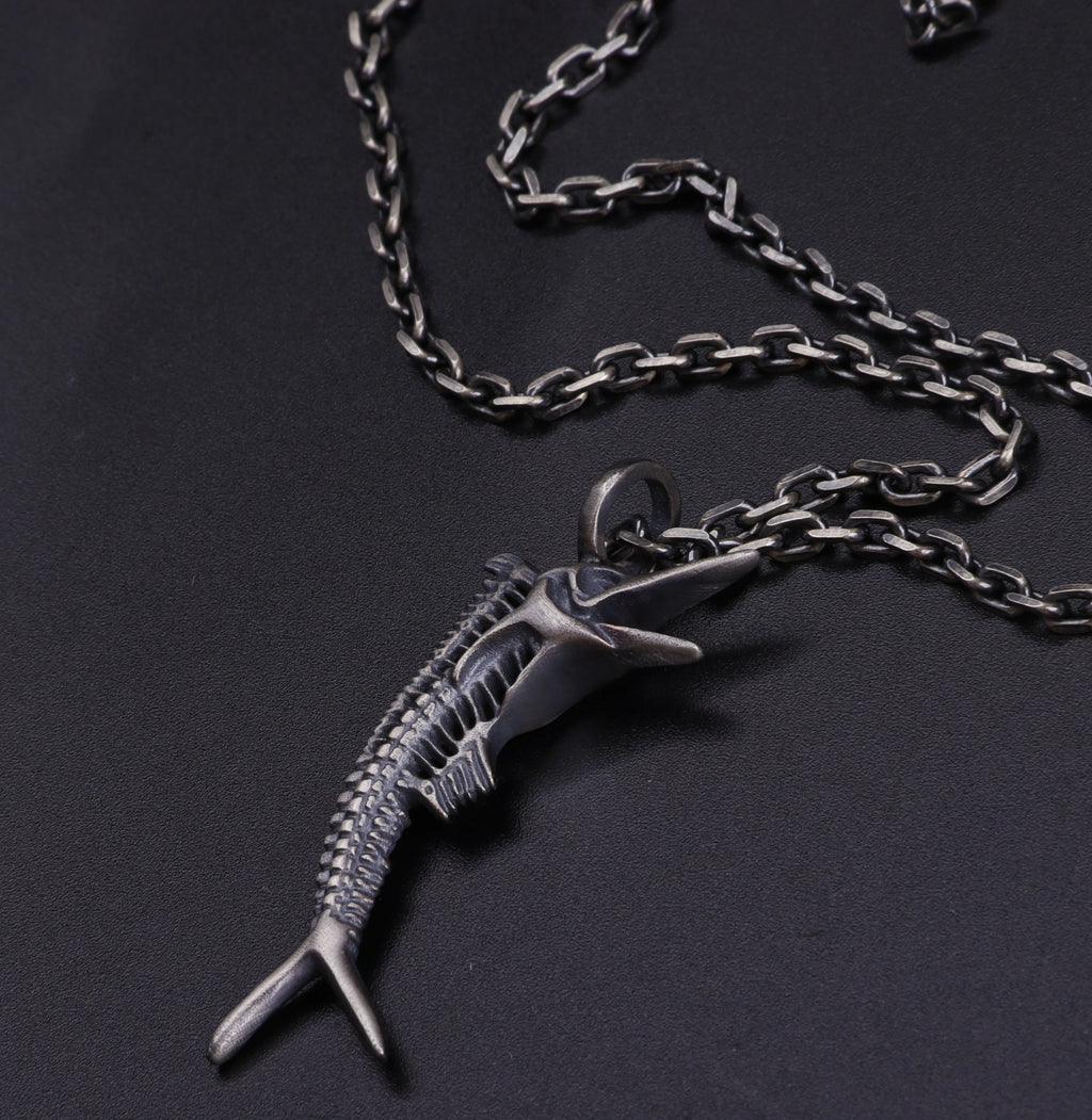 925 Sterling Silver Sailfish Skeleton Pendant Necklace, Vintage Marlin Fish Bone Jewelry