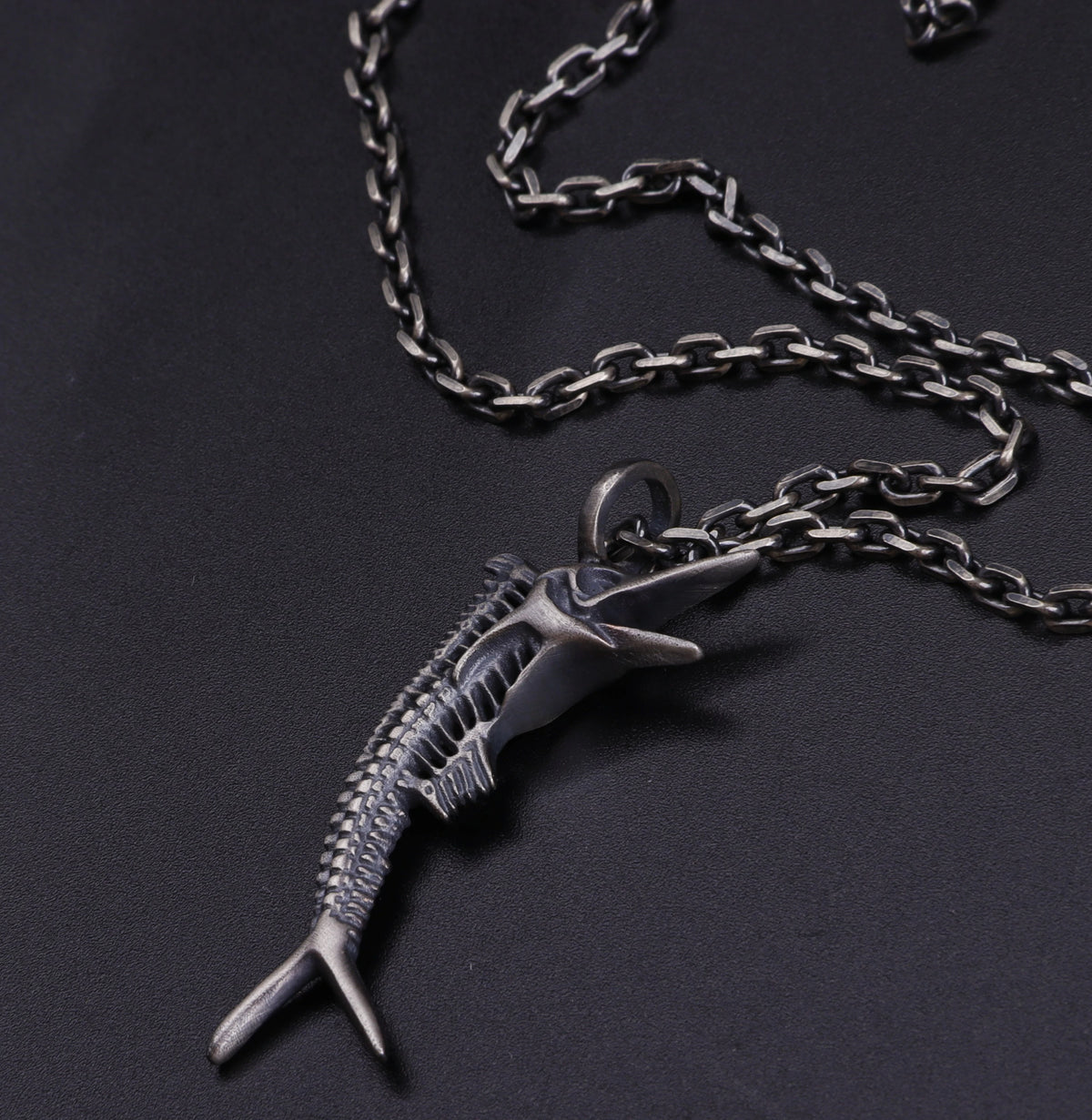 925 Sterling Silver Sailfish Skeleton Pendant Necklace, Vintage Marlin Fish Bone Jewelry