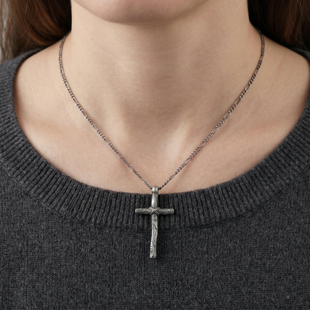 Living Branch Sacred Wood Cross, Textured 925 Sterling Silver Faith Necklace