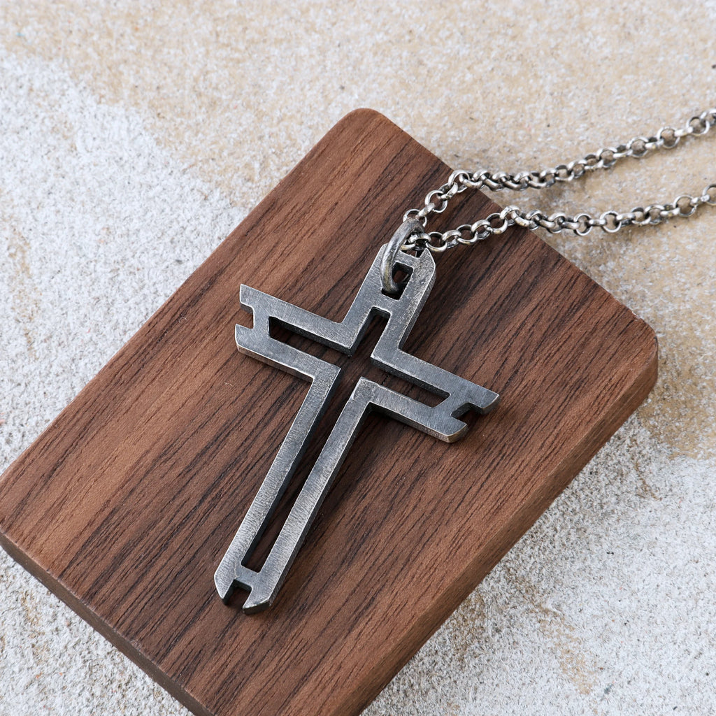 Sacred Path Hollow Cross Pendant, Oxidized 925 Sterling Silver Vintage Faith Amulet Necklace