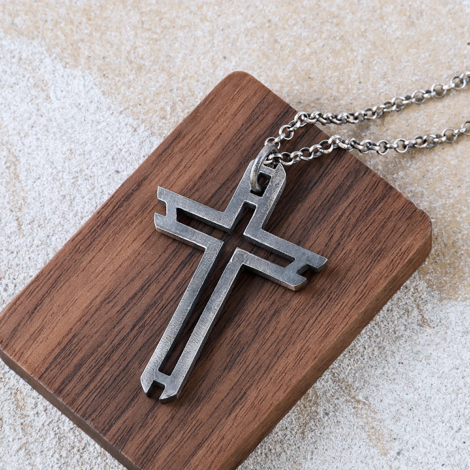 Sacred Path Hollow Cross Pendant, Oxidized 925 Sterling Silver Vintage Faith Amulet Necklace