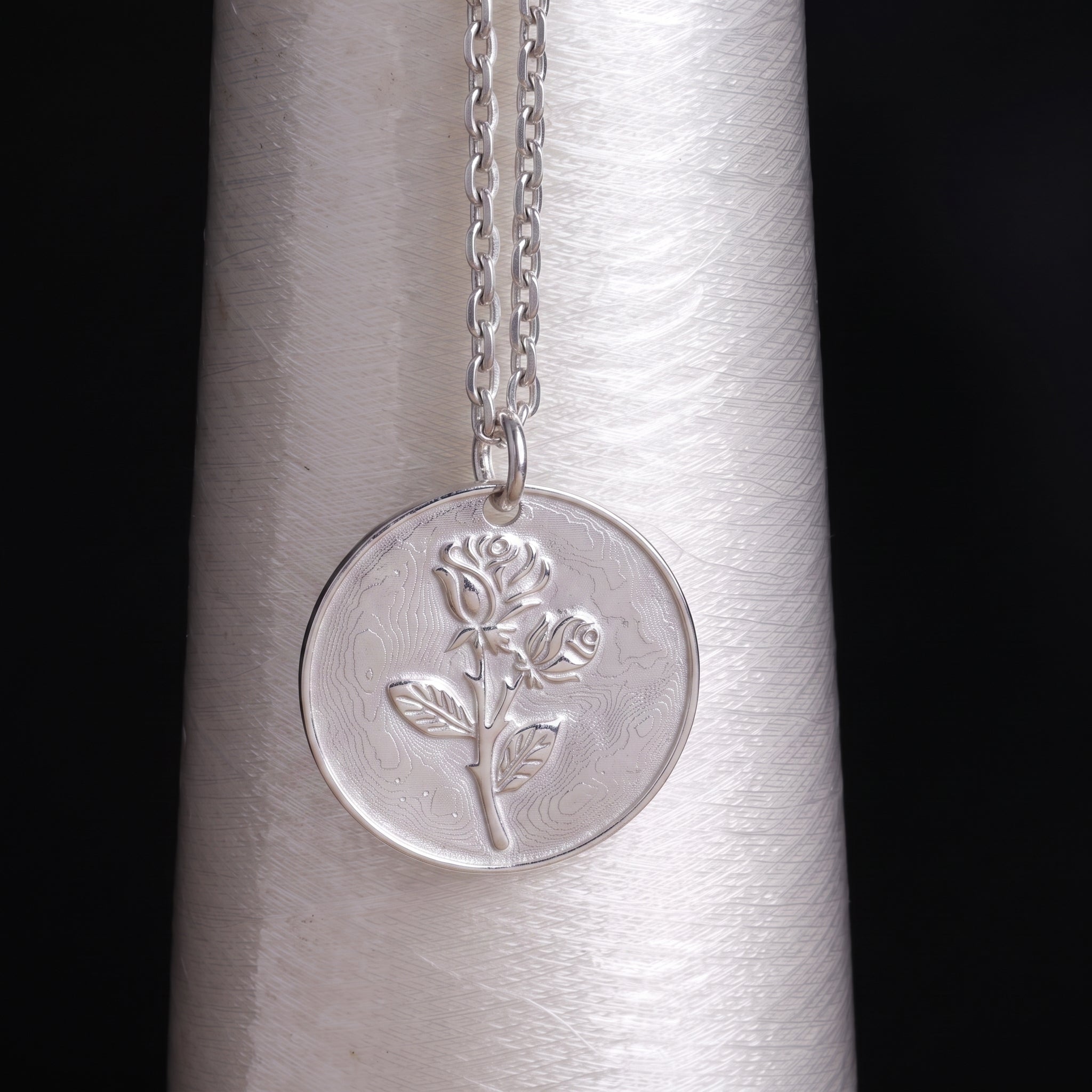 925 Sterling Silver Rose Pendant Necklace, Engravable Personalized Floral Medallion