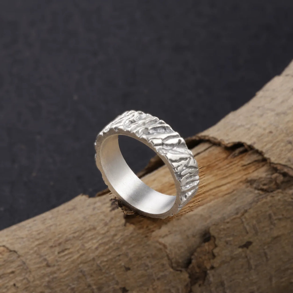 Custom Engraved Men's 925 Sterling Silver Lava Textured Ring