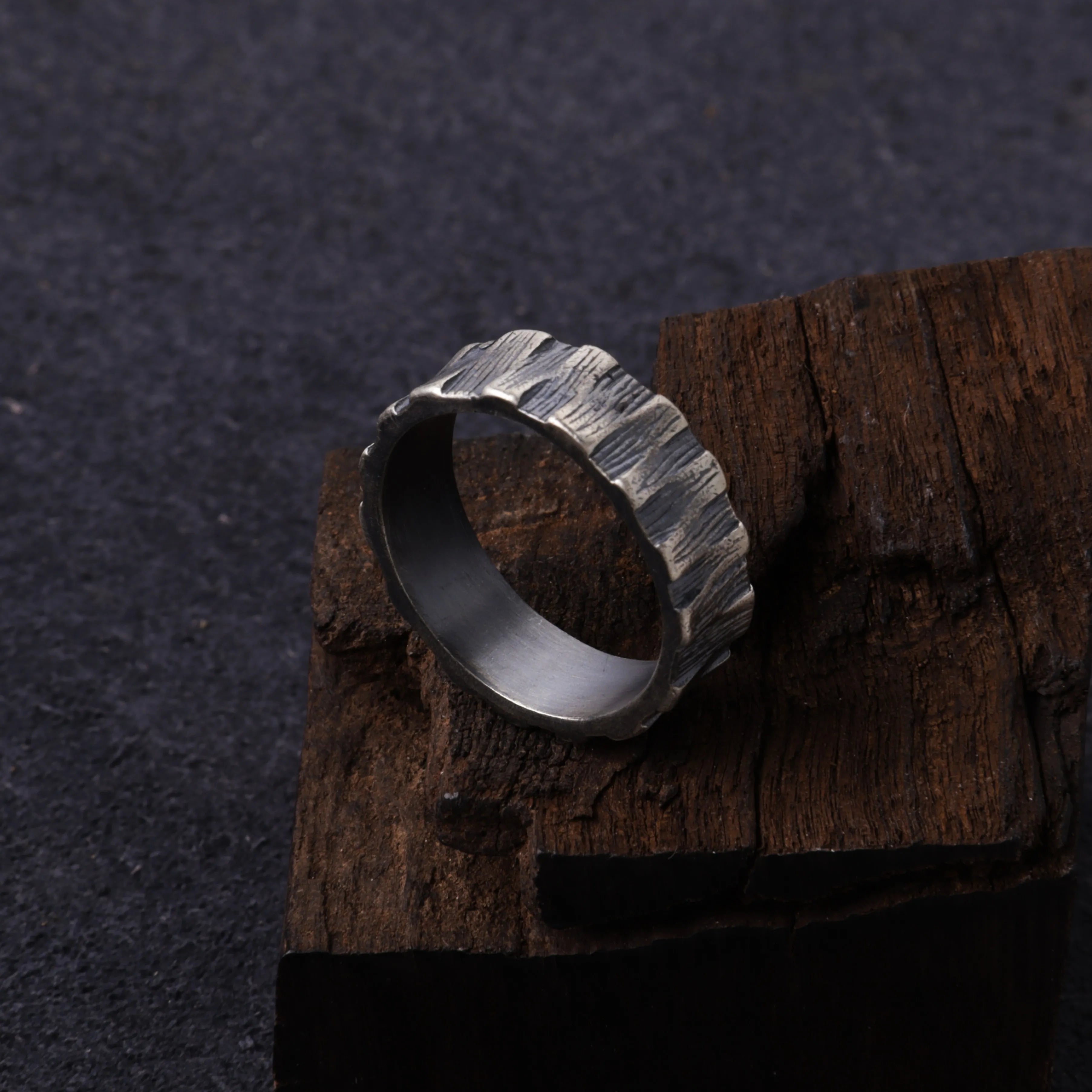 Custom Engraved Bark Textured 925 Sterling Silver Ring for Men
