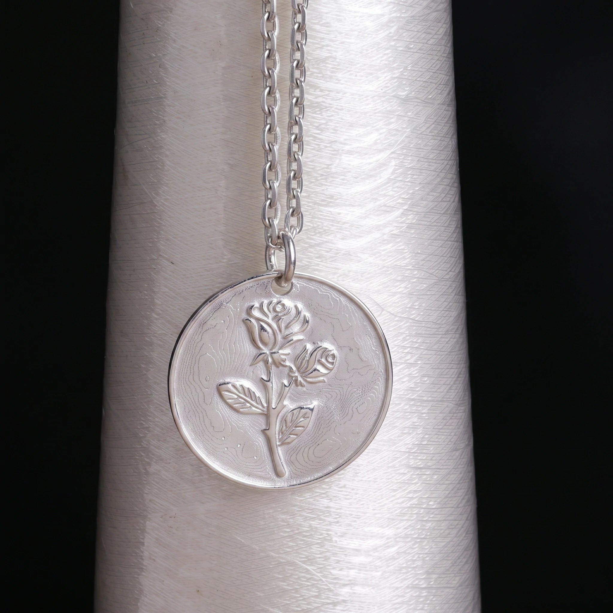 925 Sterling Silver Rose Pendant Necklace, Engravable Personalized Floral Medallion