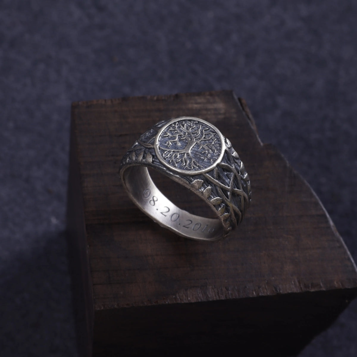 Men’s Personalized 925 Sterling Silver Tree of Life Ring, Celtic Family Tree Signet Band