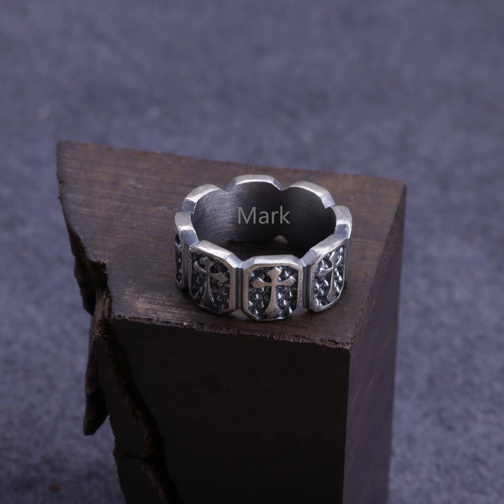 Personalized Mens Vintage 925 Sterling Silver Cross Ring - Custom Engraved Band